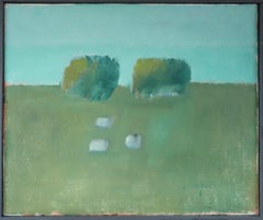 Pittura ad olio di paesaggio astratto vintage di metà secolo - Pascolo tranquillo