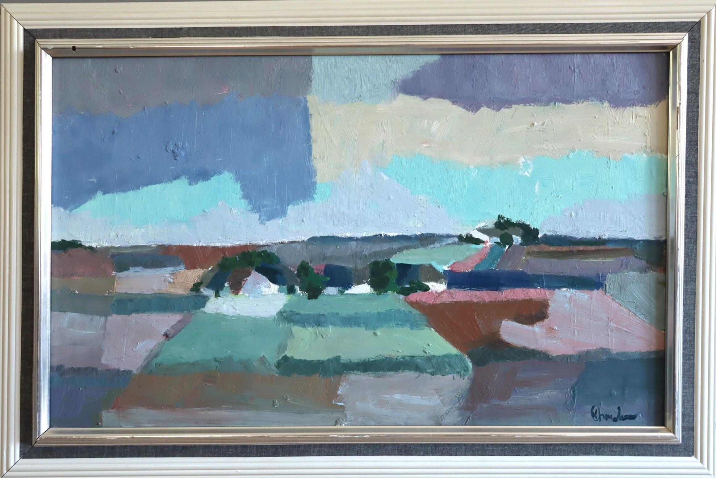Pittura ad olio di paesaggio astratto vintage della metà del secolo scorso - Il cielo mutevole