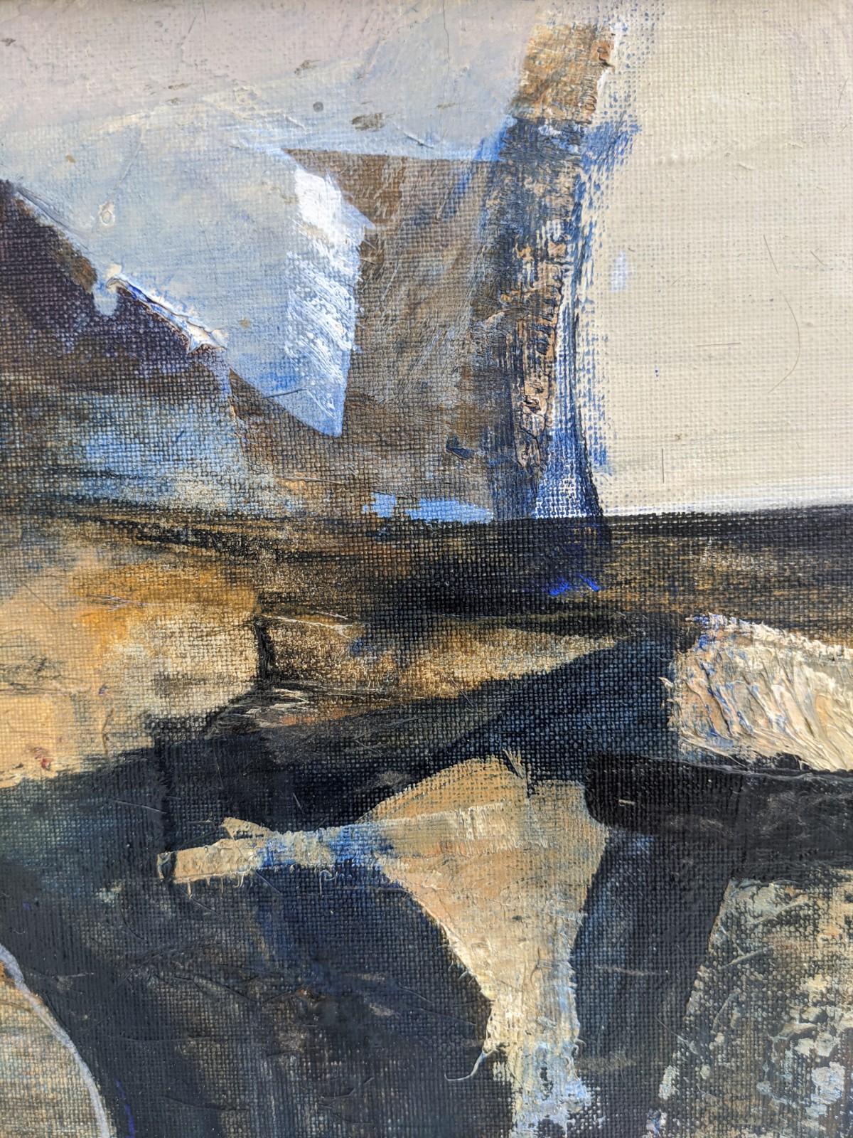 BLACK & BLUE
Size: 24 x 46 cm (including frame)
Oil on board

A deep and soulful abstract composition rendered in oil. Swathes of colour in varying forms tease our imagination – do we see something recognisable? Angled forms peek out in different