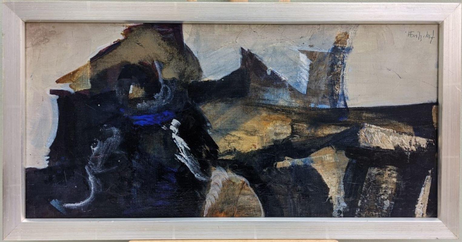 Unknown Abstract Painting - Mid-Century Modern Vintage Abstract Oil Painting - Black & Blue, Framed