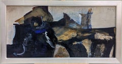 Mid-Century Modern Vintage Abstract Oil Painting - Black & Blue, Framed