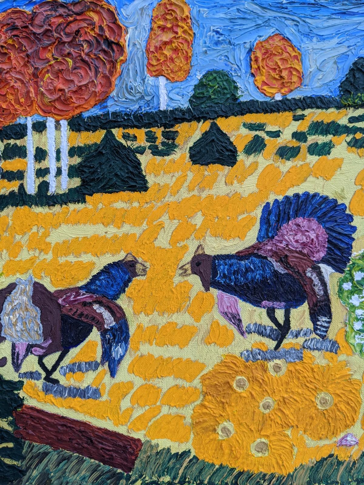 ROOSTERS
Size: 46 x 55cm
Oil on canvas

A truly striking and vibrant scene of a pair of roosters set within an expressive landscape dotted with trees and other animals. This painting has an exceptional three dimensional quality to it, with very