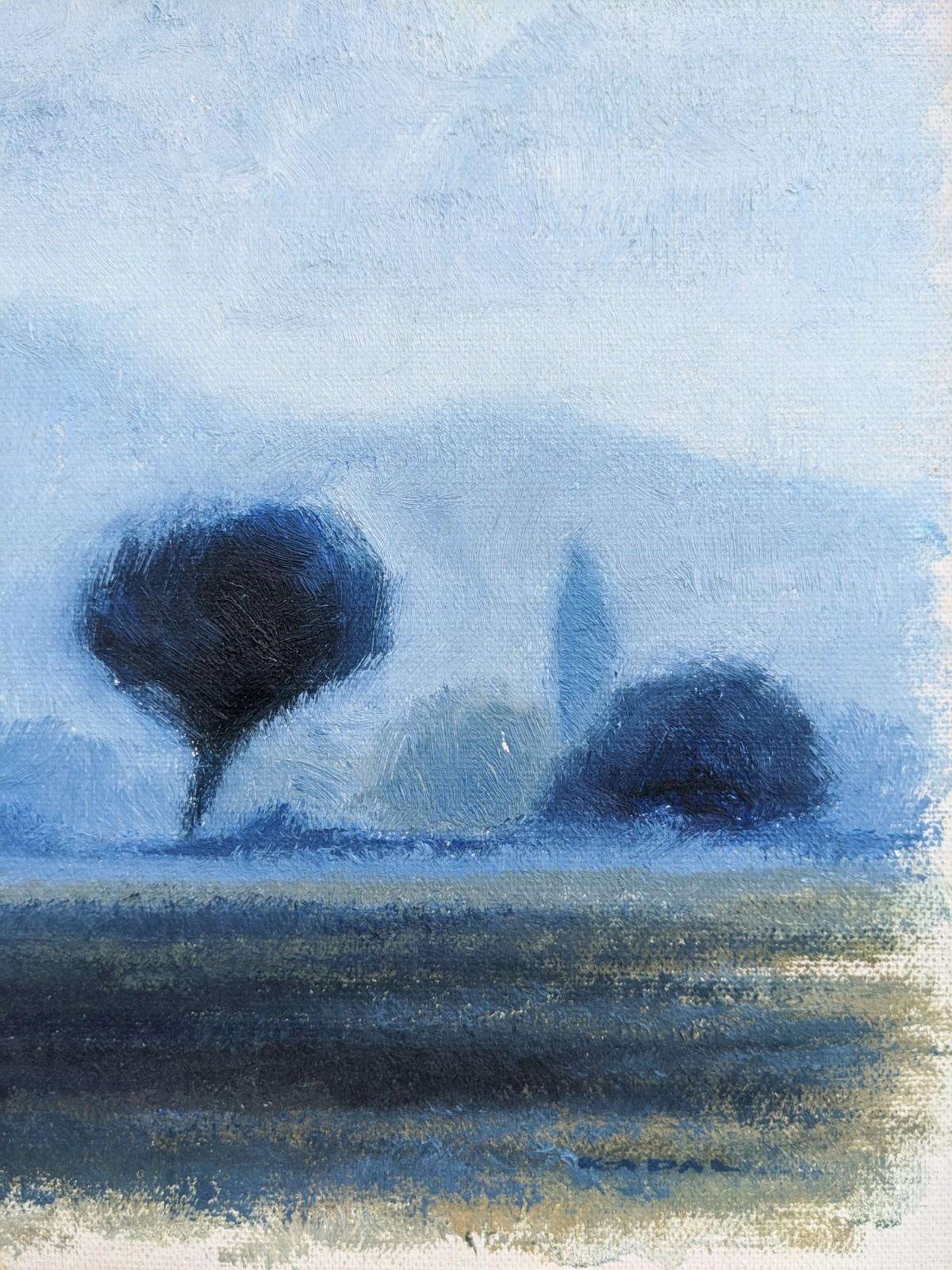Mid-Century Modern Vintage Blue Landscape Oil Painting - Vision, Framed 2