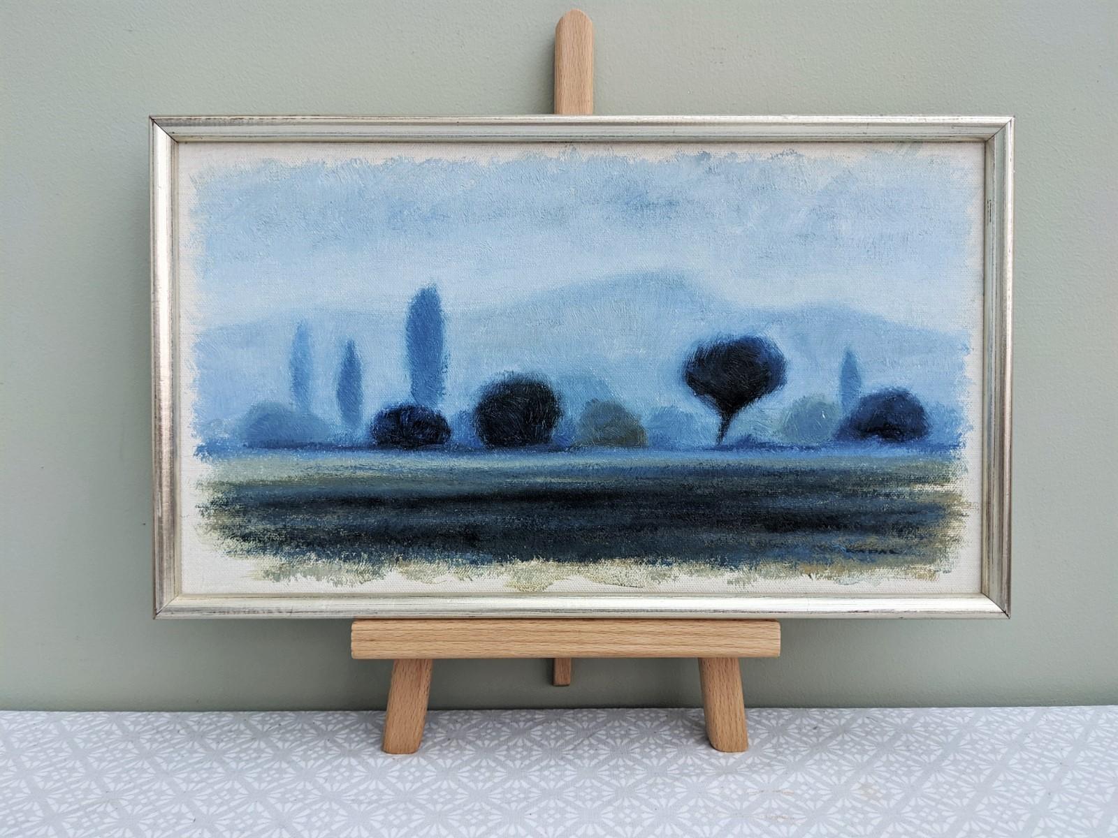 Mid-Century Modern Vintage Blue Landscape Oil Painting - Vision, Framed 3