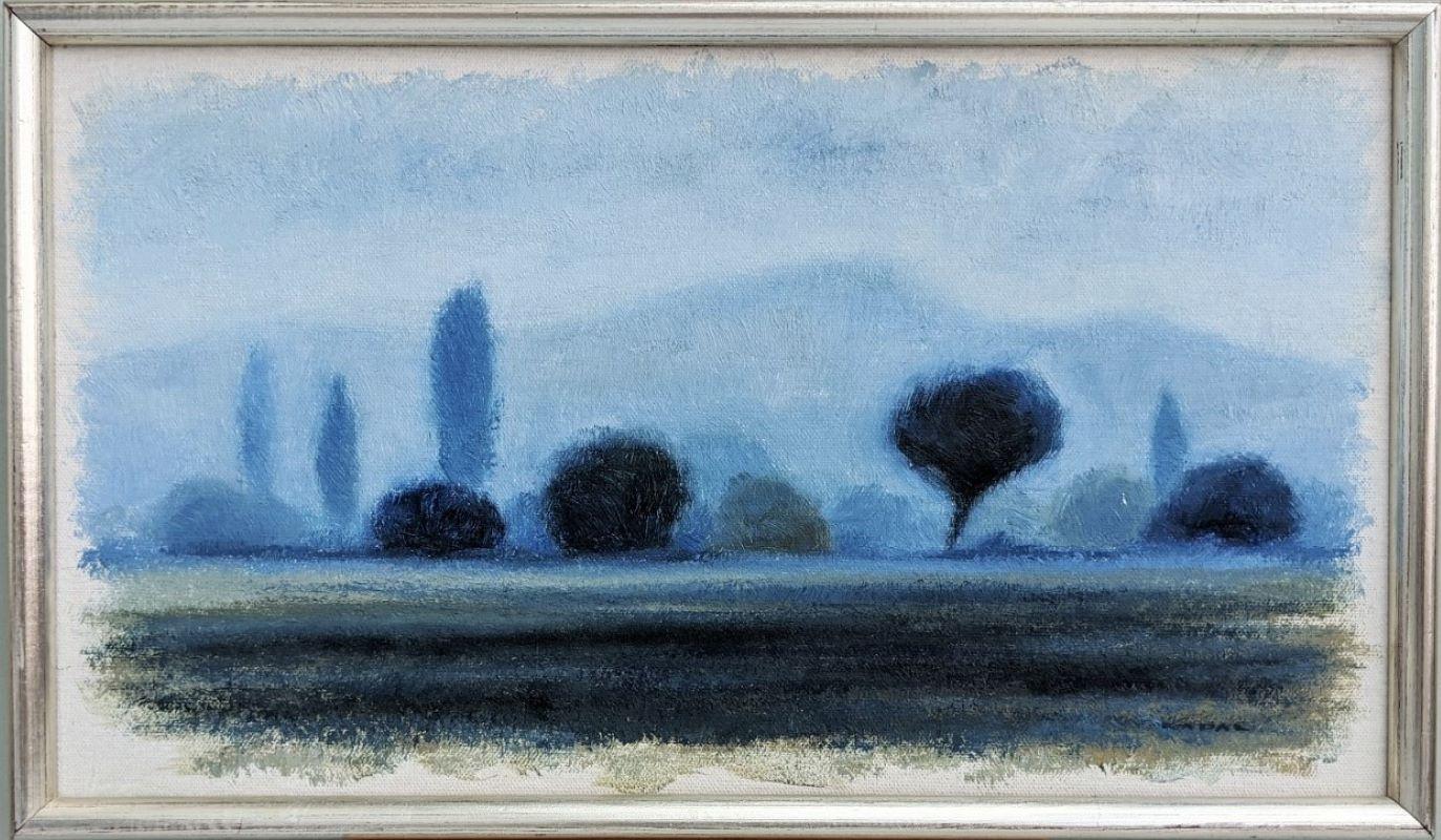 Unknown Landscape Painting - Mid-Century Modern Vintage Blue Landscape Oil Painting - Vision, Framed