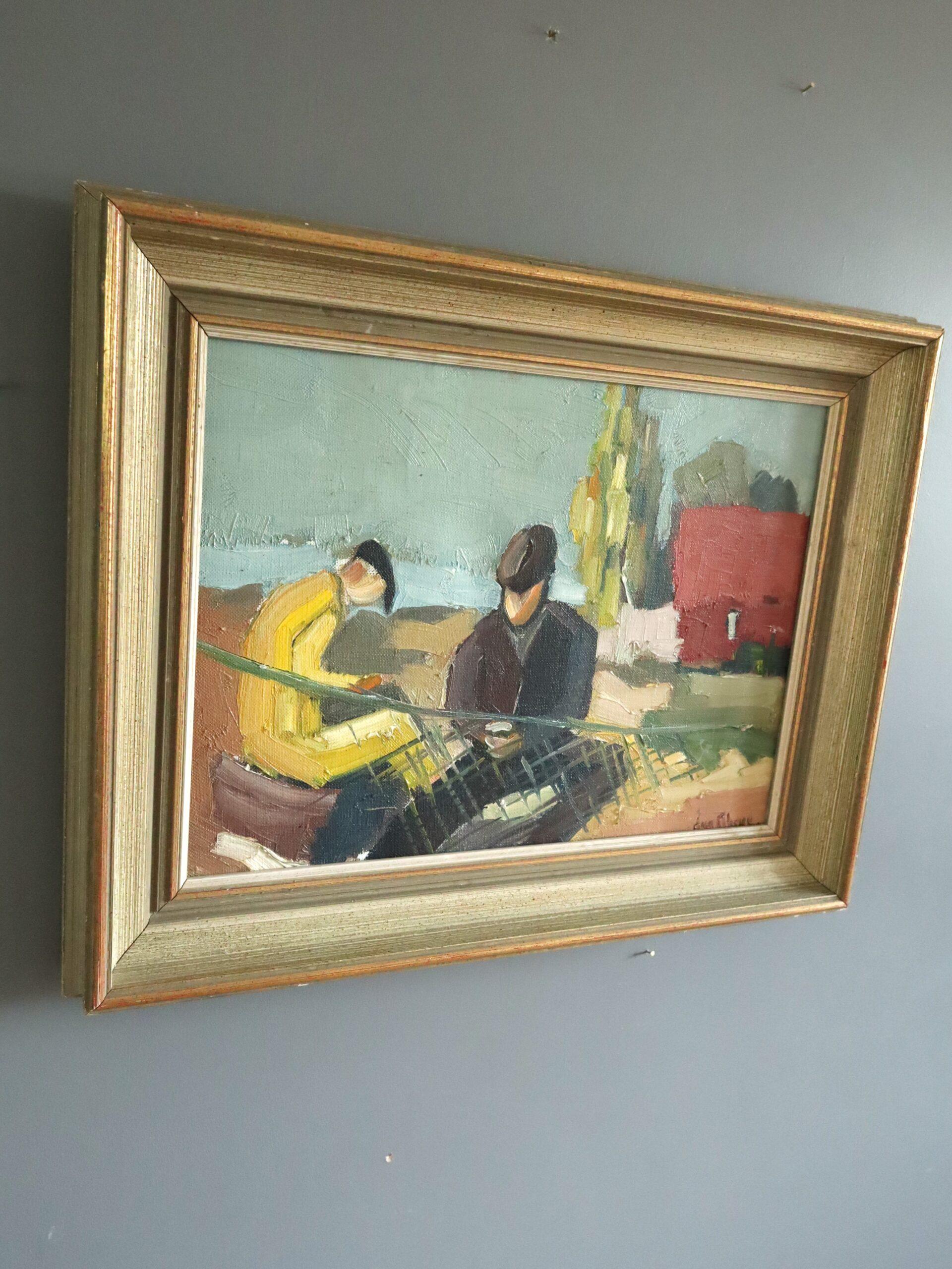 Mid Century Modern Vintage Coastal Figurative Ölgemälde - The Net Menders (Moderne), Painting, von Unknown