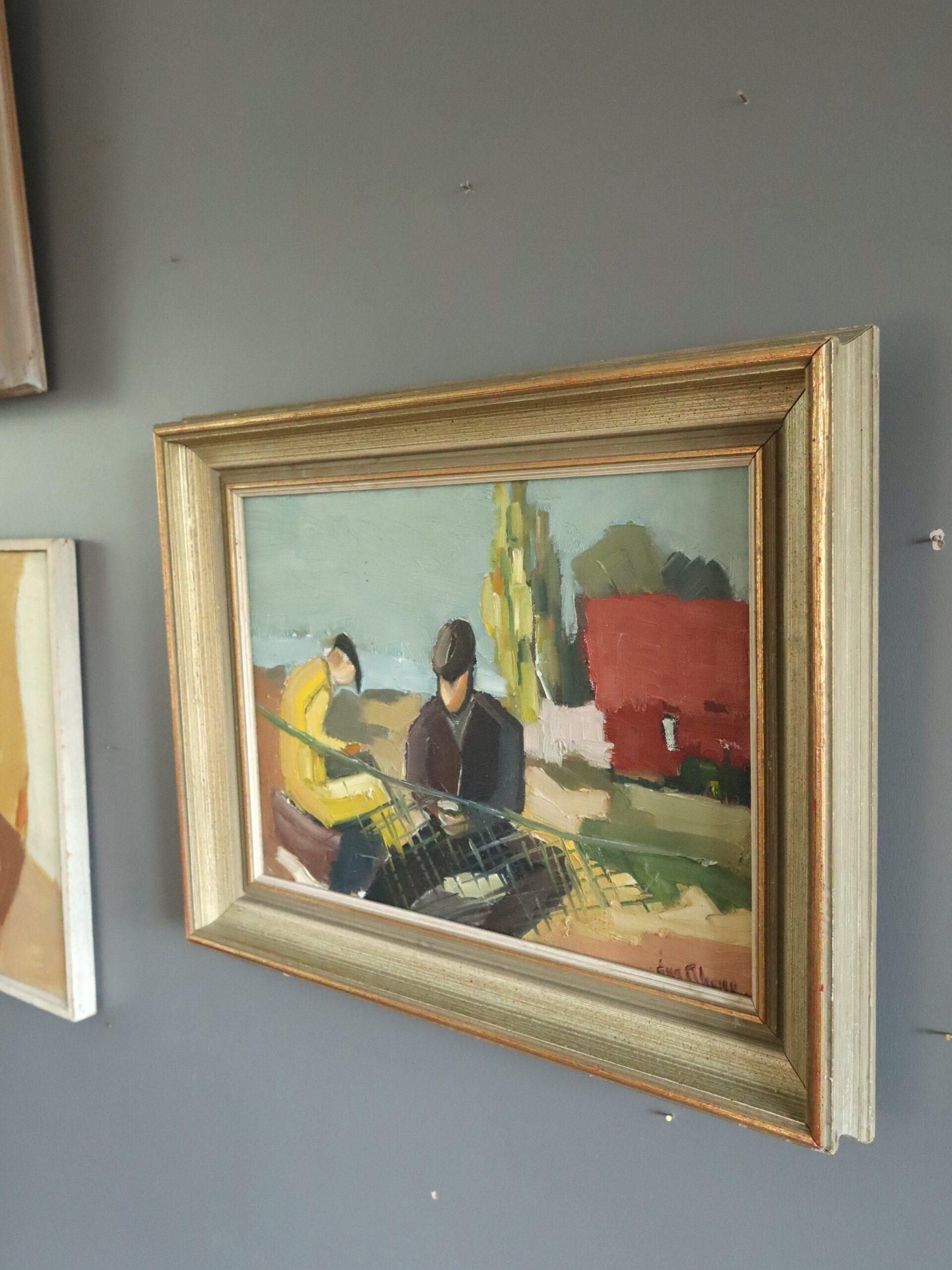 Mid Century Modern Vintage Coastal Figurative Ölgemälde - The Net Menders (Braun), Figurative Painting, von Unknown