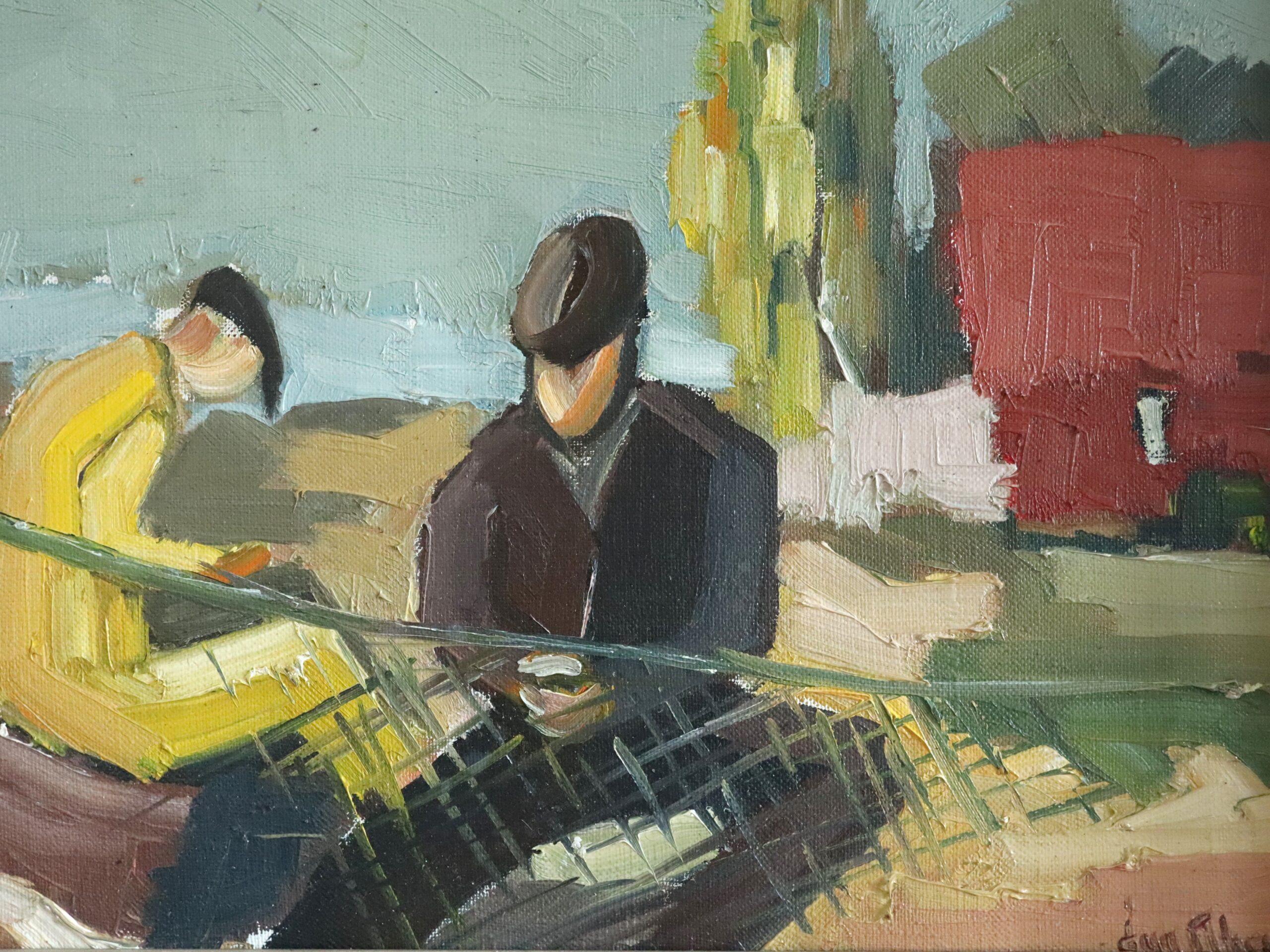 Mid Century Modern Vintage Coastal Figurative Ölgemälde - The Net Menders im Angebot 2