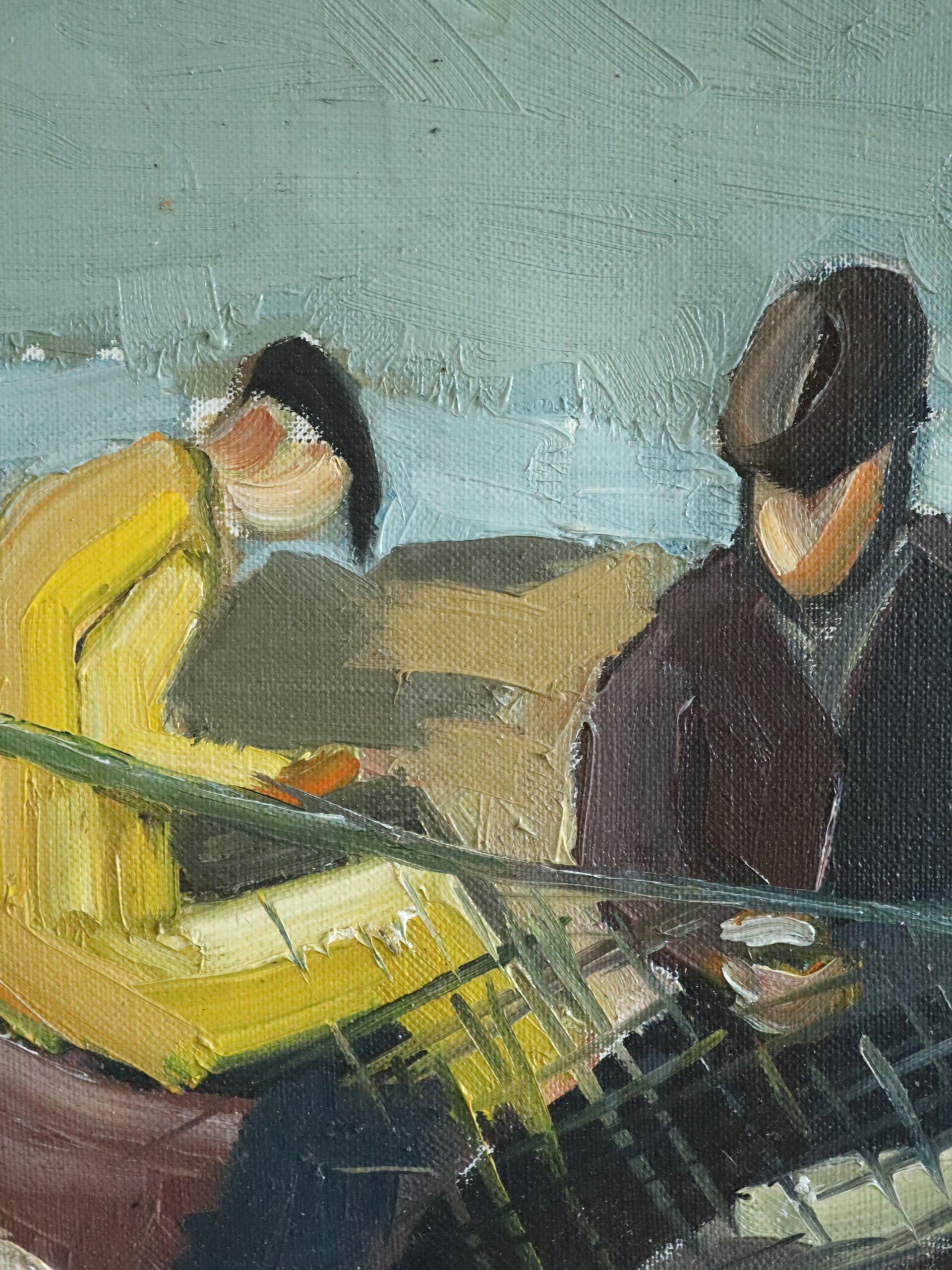 Mid Century Modern Vintage Coastal Figurative Ölgemälde - The Net Menders im Angebot 3