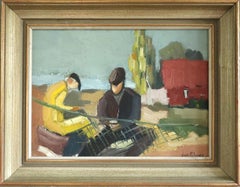 Mid Century Modern Vintage Coastal Figurative Ölgemälde - The Net Menders