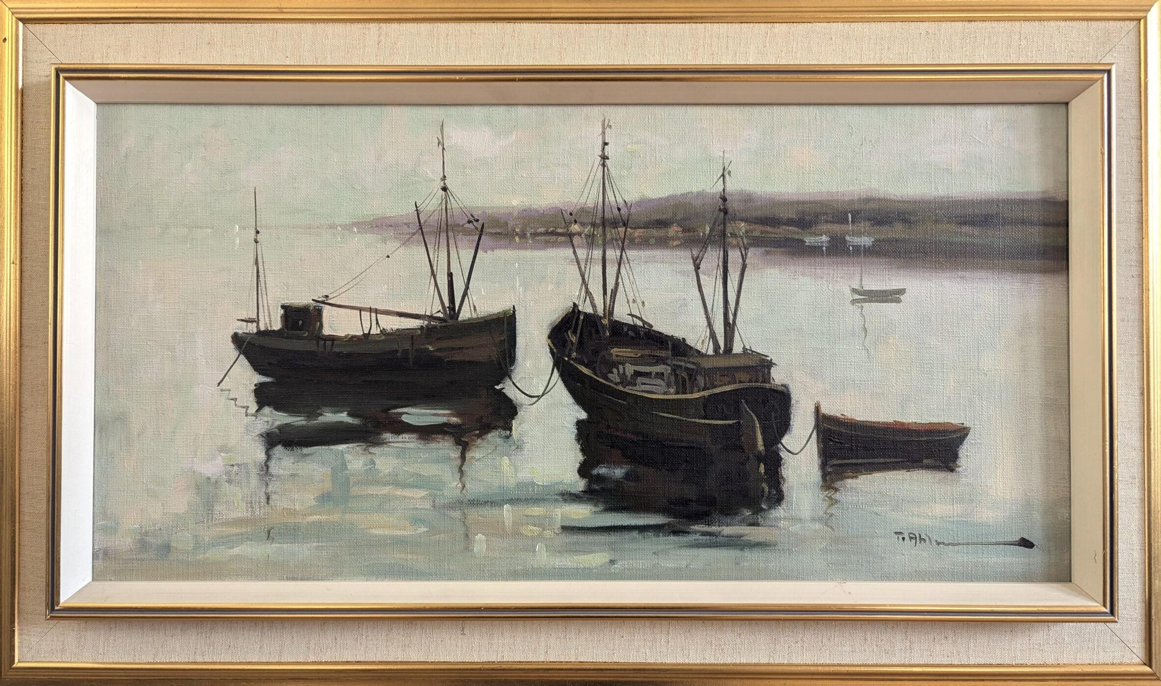 Pintura al óleo de paisaje costero vintage moderno de mediados de siglo - Amarres tranquilos