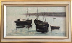 Mid Century Modern Vintage Coastal Landscape Oil Painting - Tranquil Moorings
