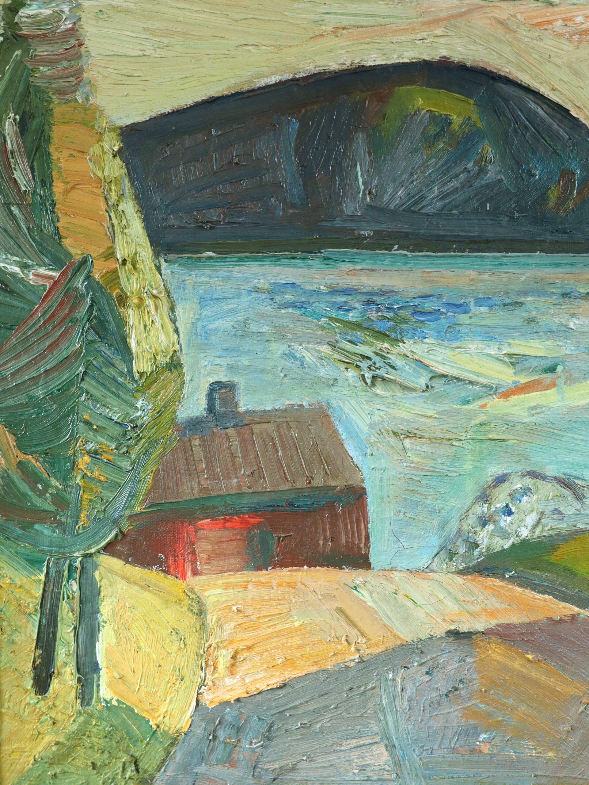 Mid Century Modern Vintage Expressive Landscape Oil Painting - Lakeside Village 7