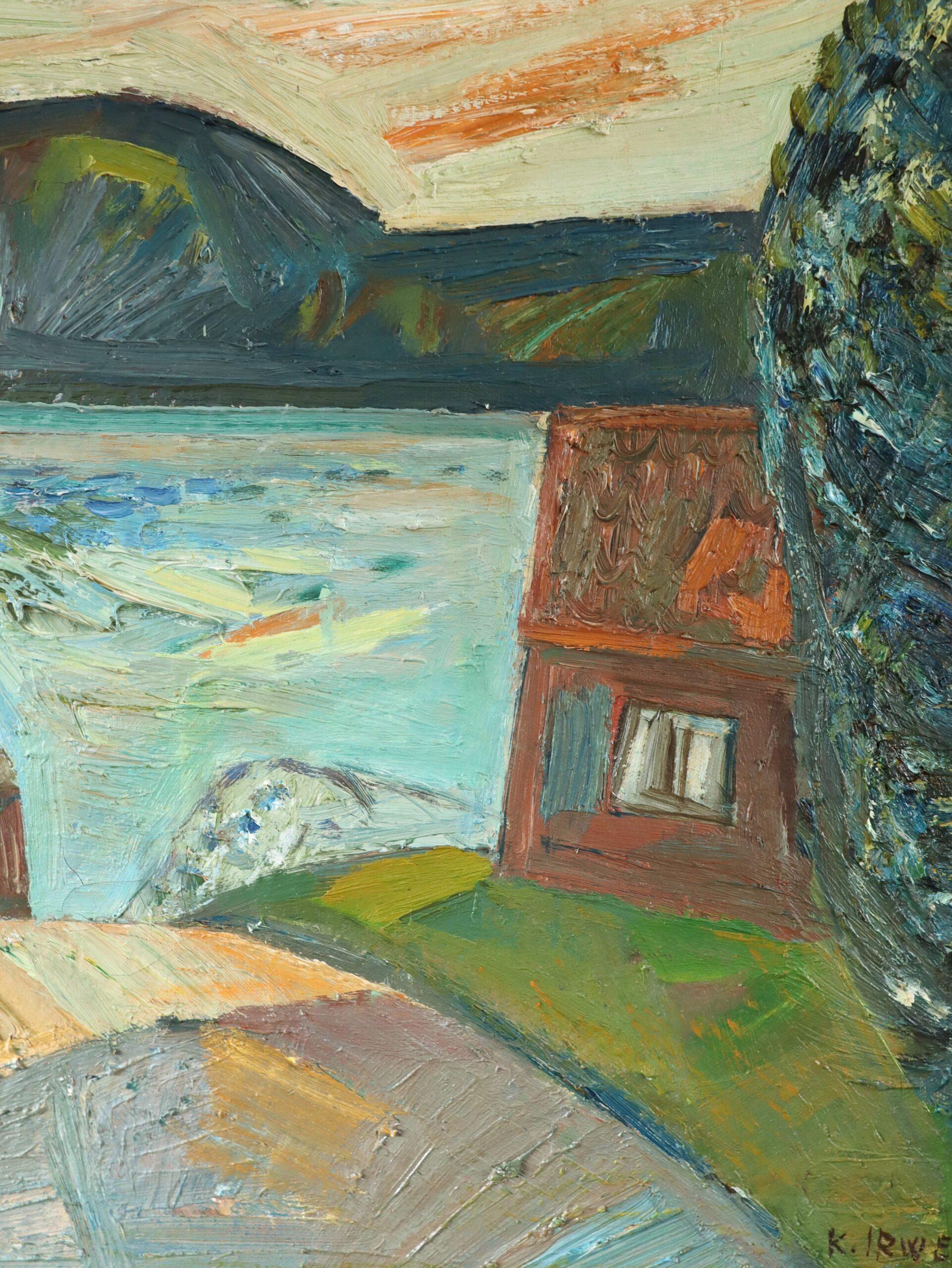 Mid Century Modern Vintage Expressive Landscape Oil Painting - Lakeside Village 8