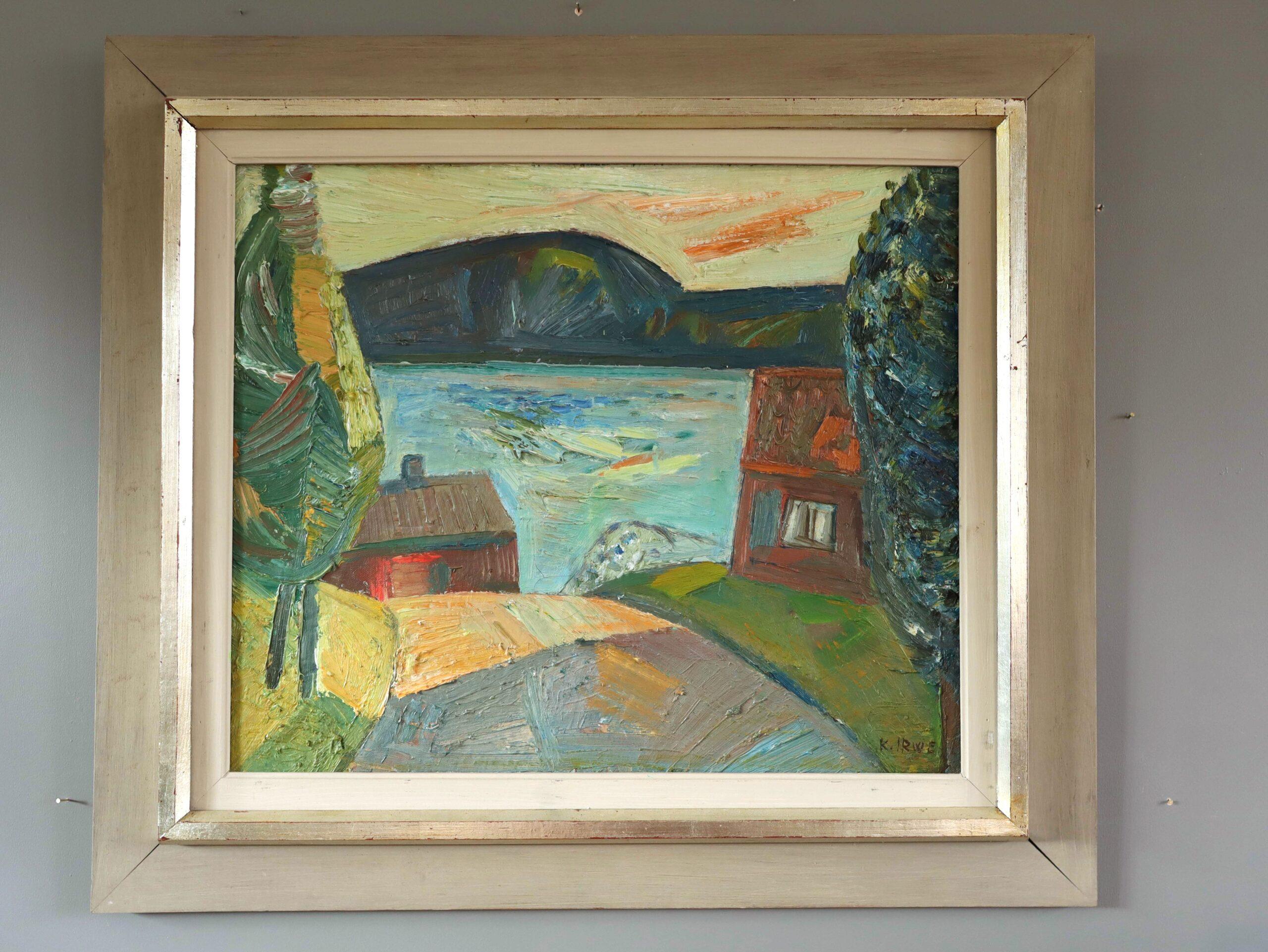 Mid Century Modern Vintage Expressive Landscape Oil Painting - Lakeside Village - Brown Landscape Painting by Unknown
