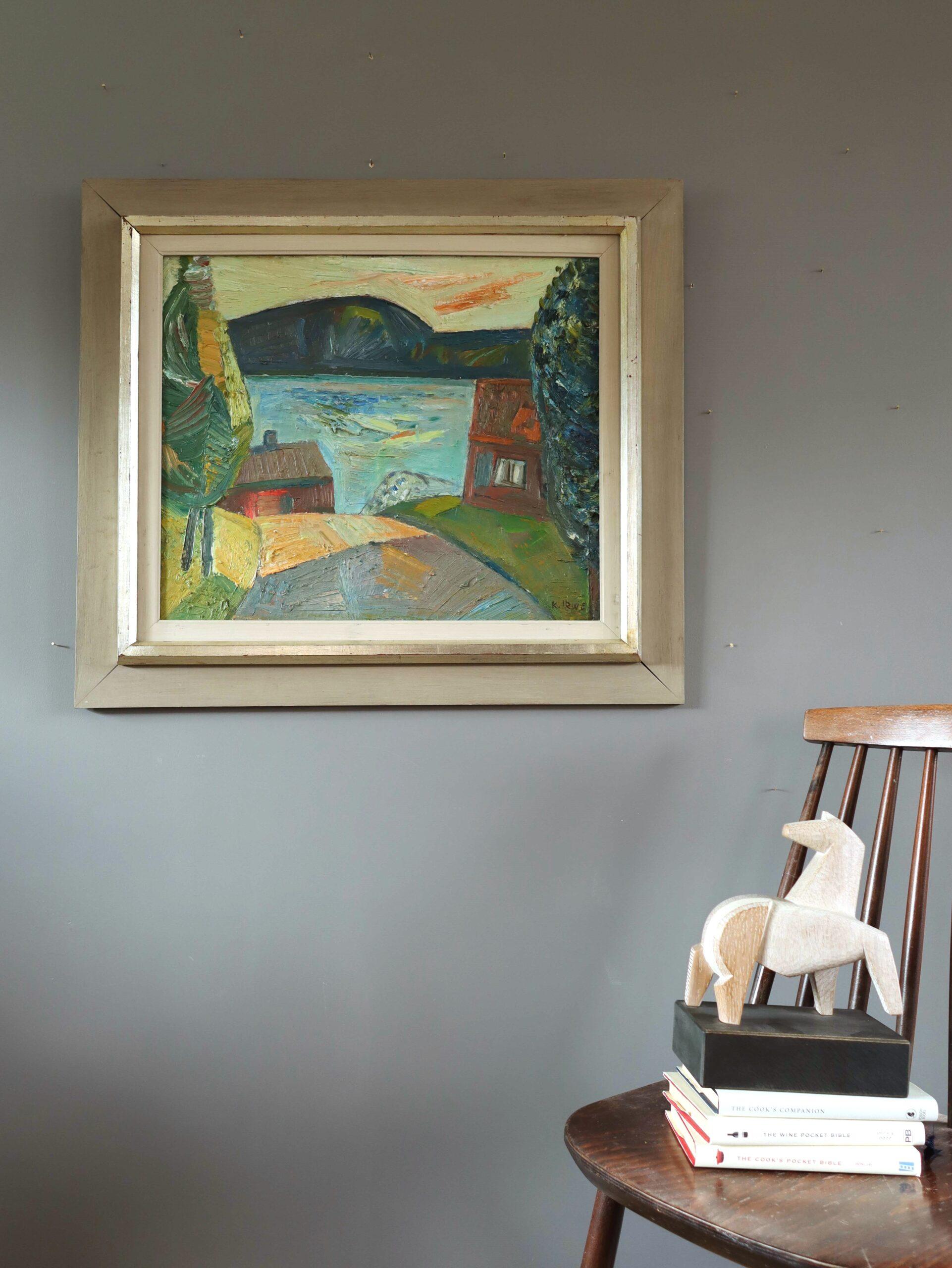LAKESIDE VILLAGE
Size: 66 x 75 cm (including frame)
Oil on canvas

A large and vivid mid century modernist landscape scene in oil, painted onto canvas.

It depicts a lakeside village with two houses flanking a winding road that leads the viewer’s