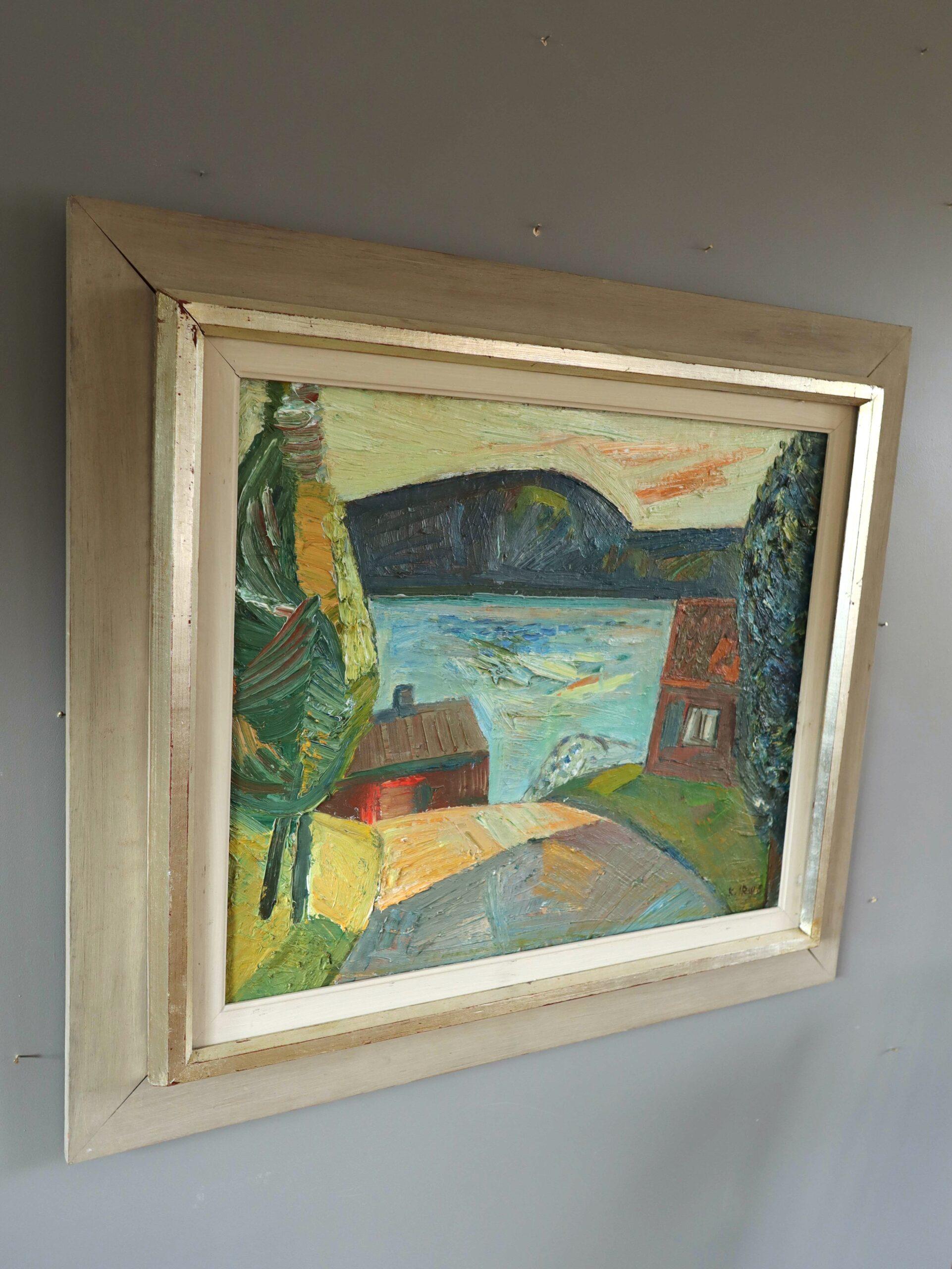 Mid Century Modern Vintage Expressive Landscape Oil Painting - Lakeside Village 1
