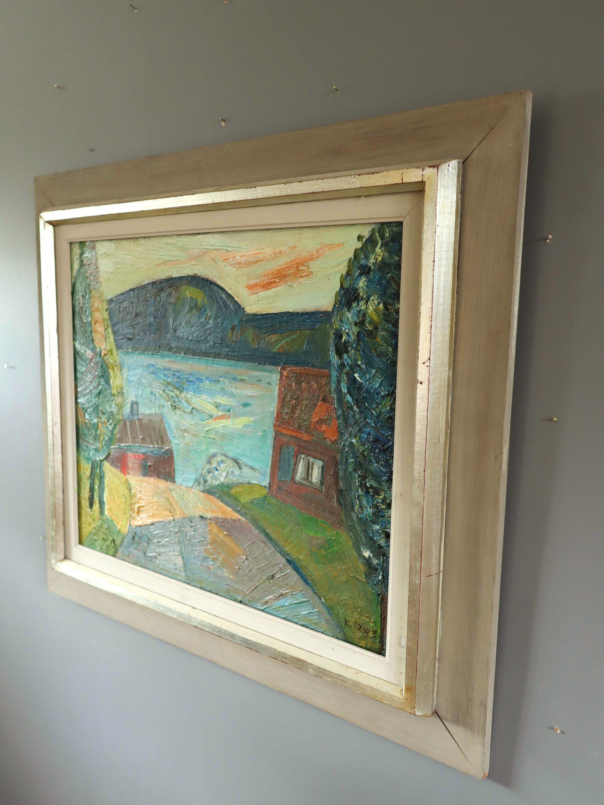 Mid Century Modern Vintage Expressive Landscape Oil Painting - Lakeside Village 2