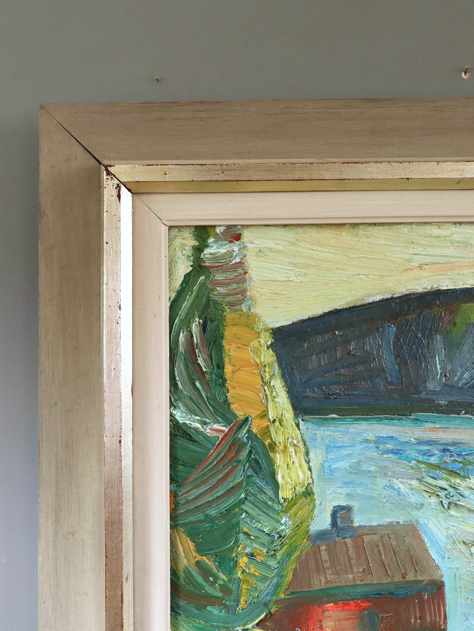 Mid Century Modern Vintage Expressive Landscape Oil Painting - Lakeside Village 3