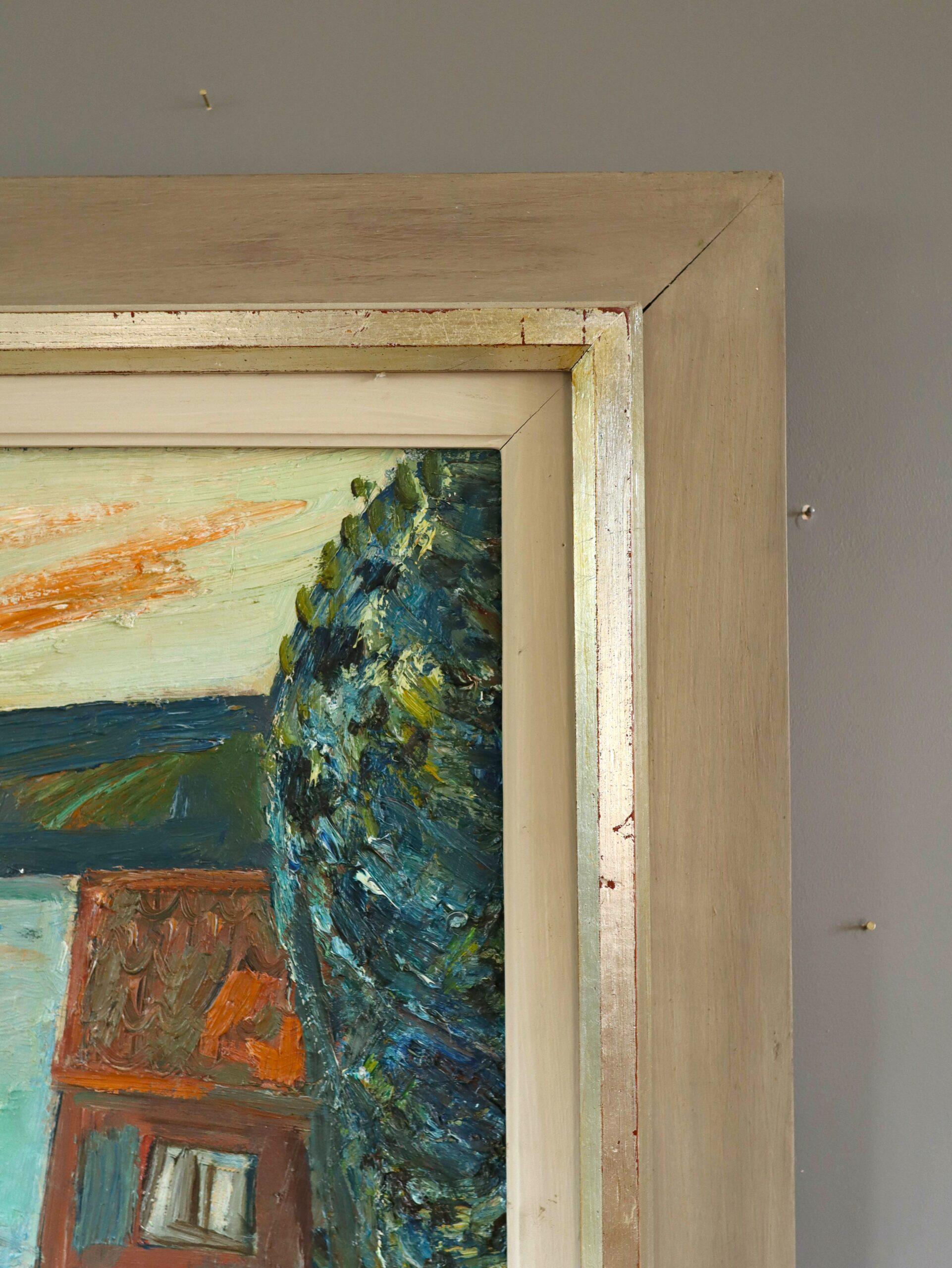 Mid Century Modern Vintage Expressive Landscape Oil Painting - Lakeside Village 4