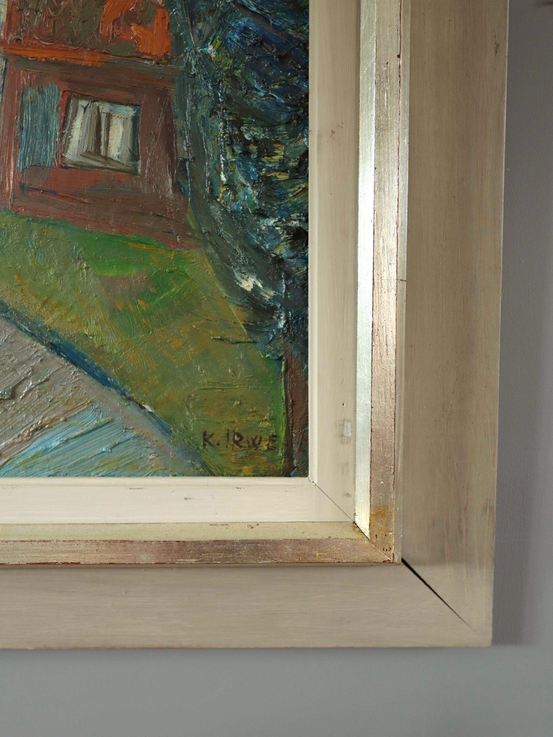 Mid Century Modern Vintage Expressive Landscape Oil Painting - Lakeside Village 5