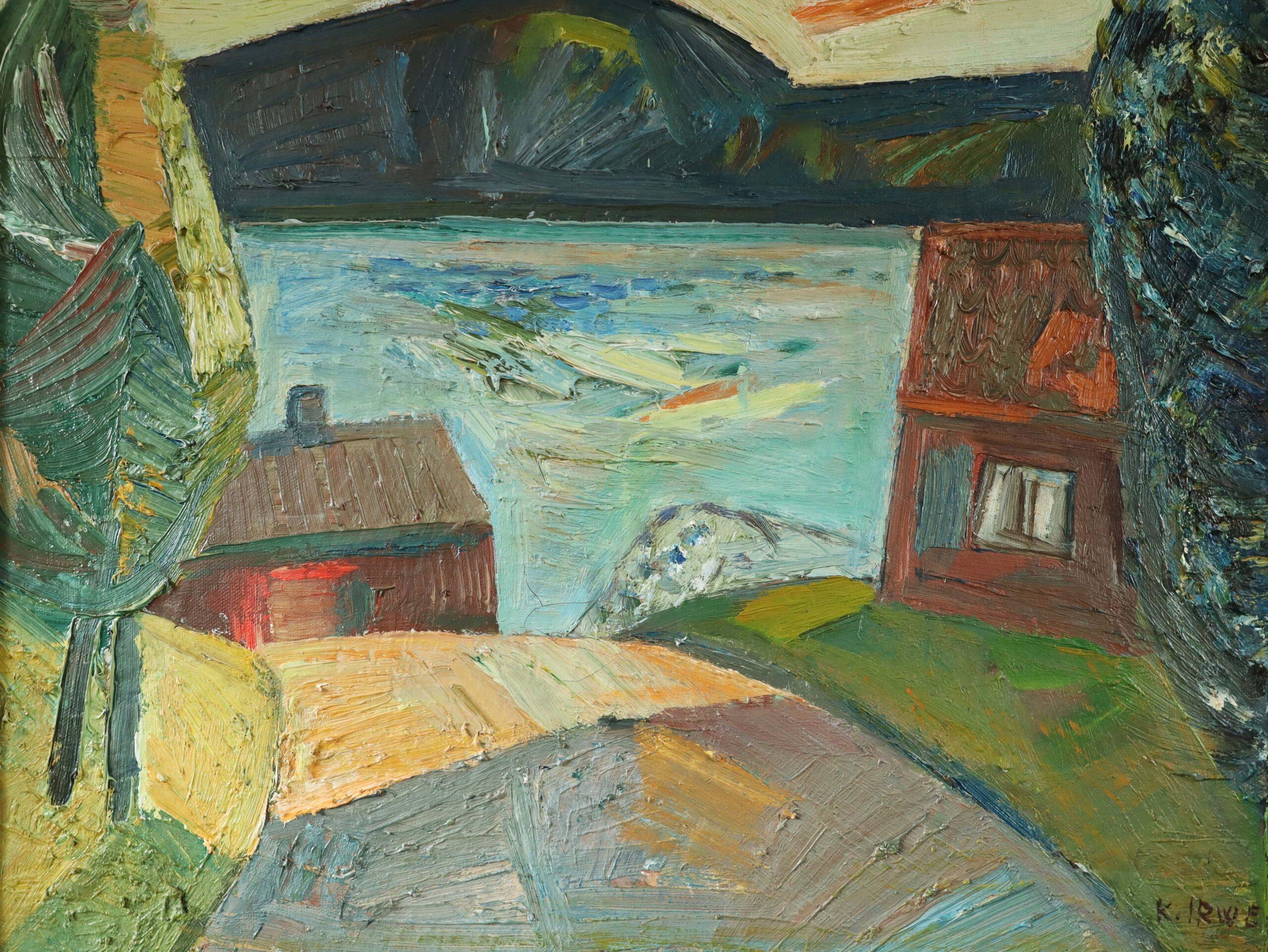 Mid Century Modern Vintage Expressive Landscape Oil Painting - Lakeside Village 6
