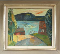 Peinture à l'huile de paysage expressionniste moderne du milieu du siècle dernier - Village de bord de lac