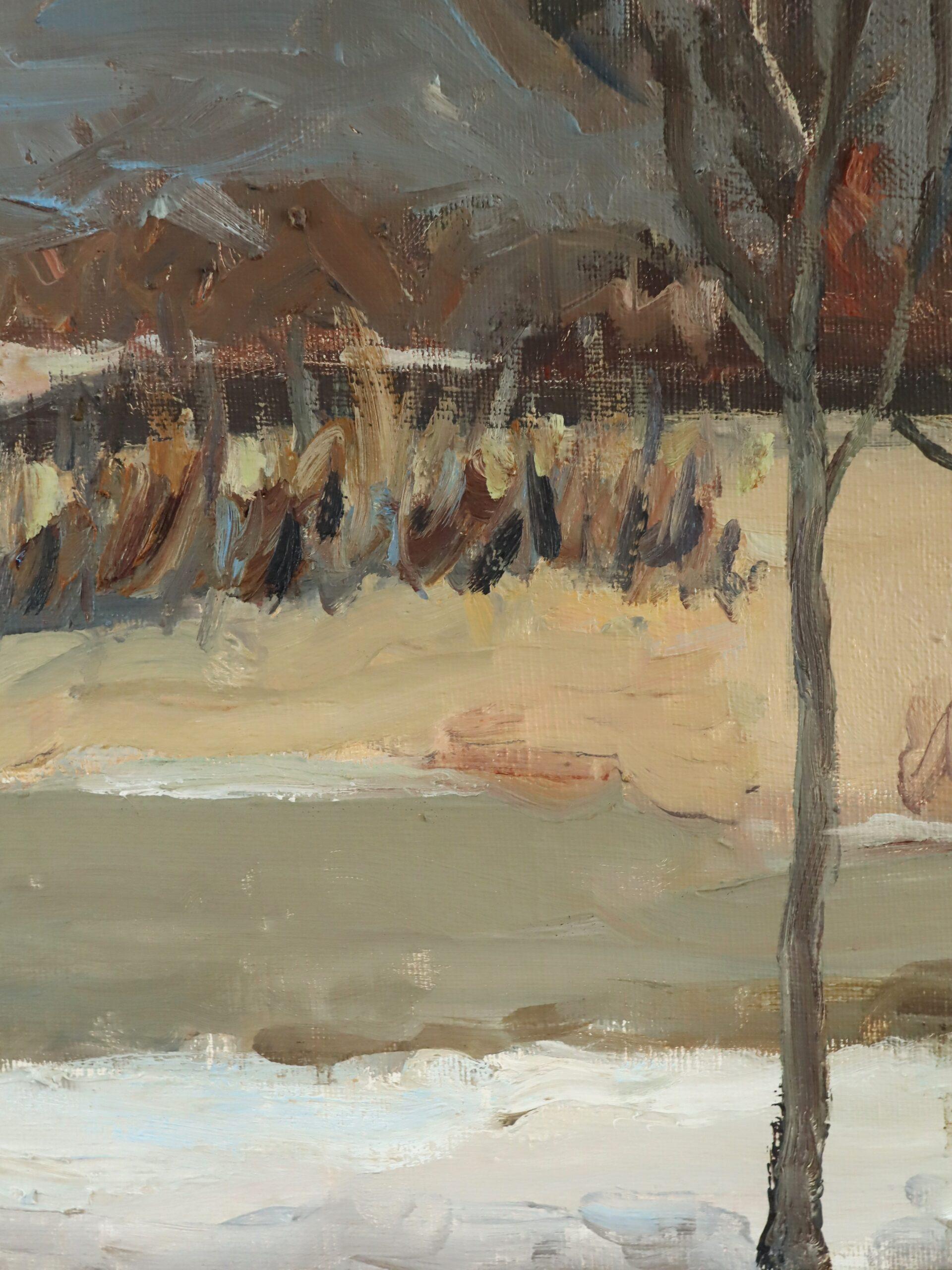 Peinture à l'huile de paysage expressionniste moderne du milieu du siècle dernier - fin d'hiver en vente 5