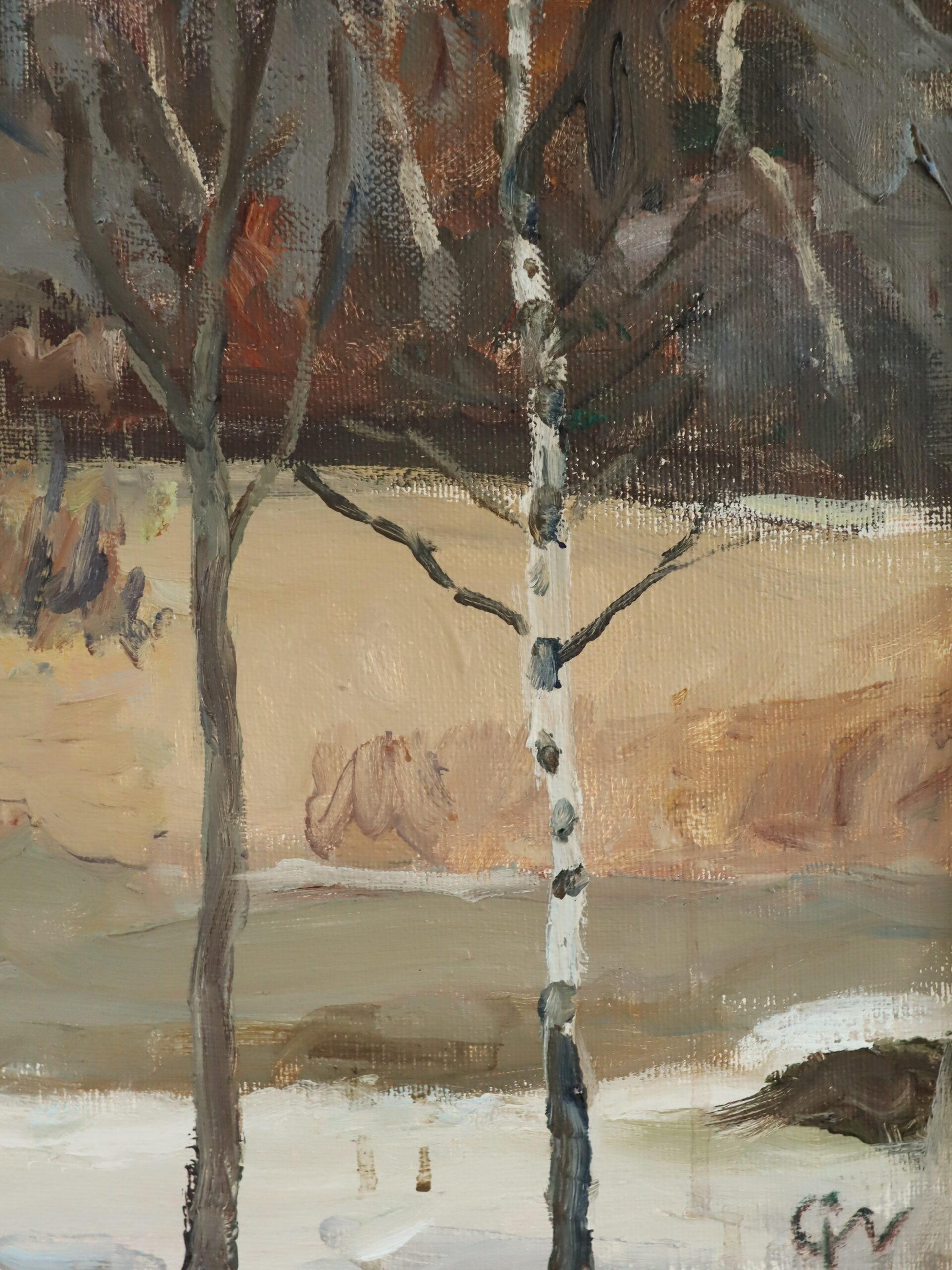 Peinture à l'huile de paysage expressionniste moderne du milieu du siècle dernier - fin d'hiver en vente 6