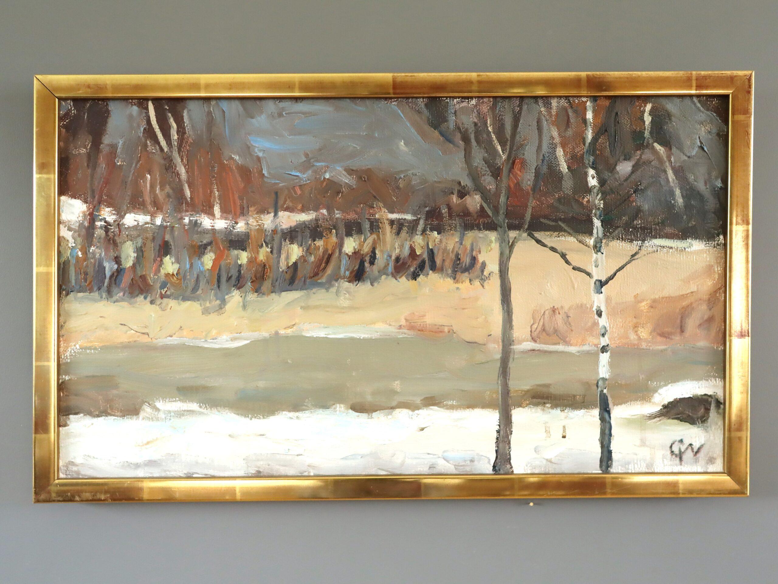 Peinture à l'huile de paysage expressionniste moderne du milieu du siècle dernier - fin d'hiver - Painting de Unknown