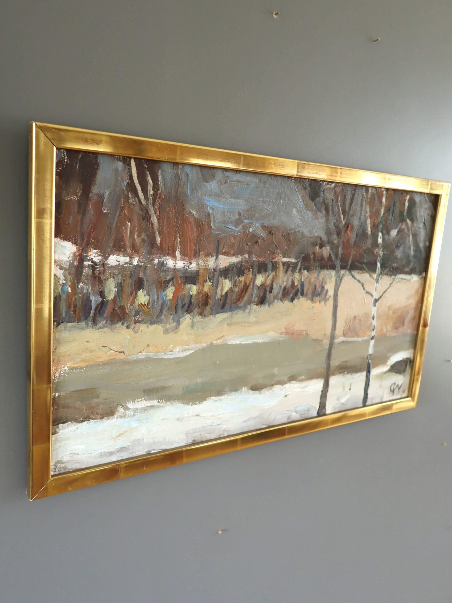 Peinture à l'huile de paysage expressionniste moderne du milieu du siècle dernier - fin d'hiver - Marron Landscape Painting par Unknown