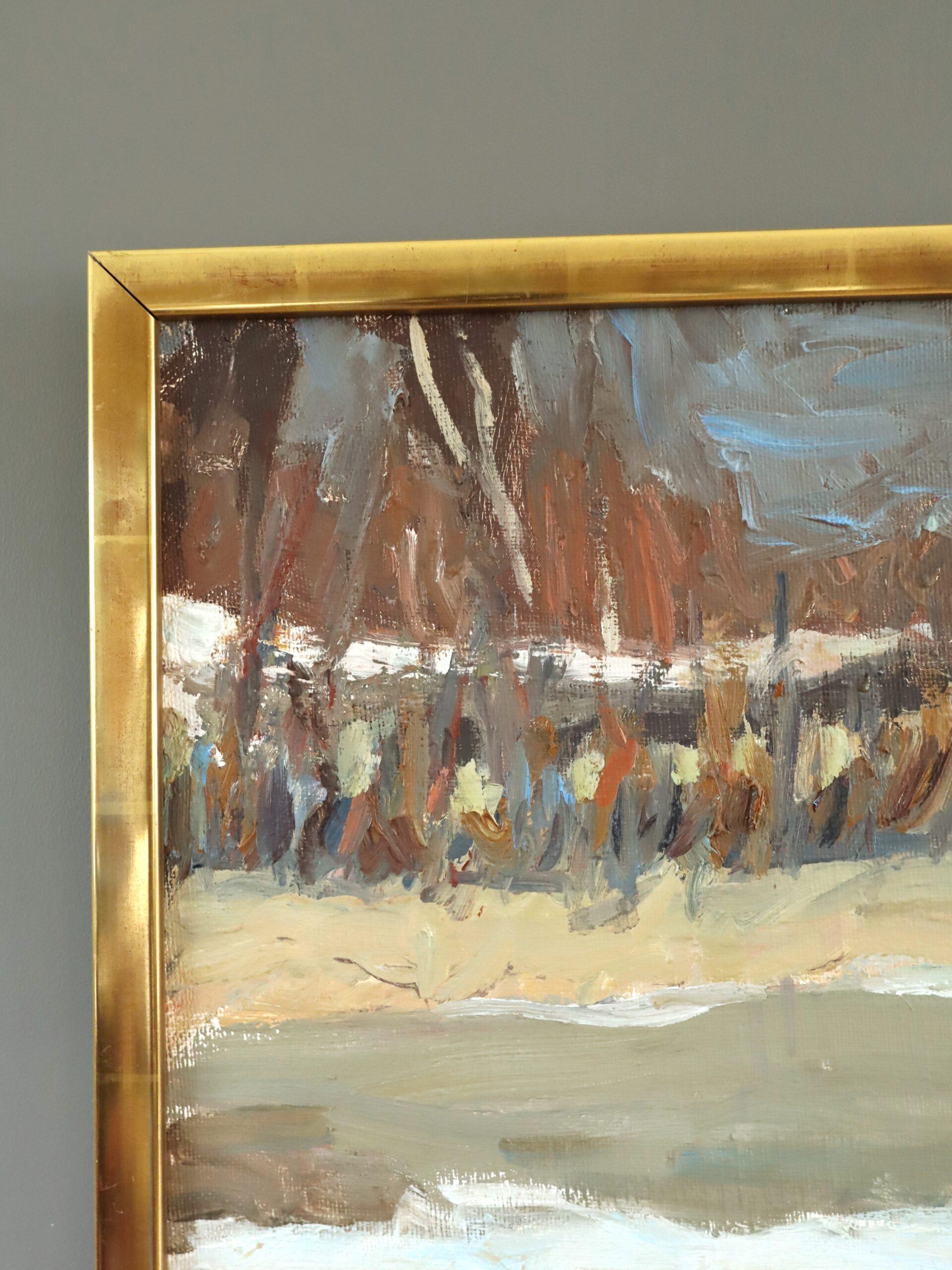 Peinture à l'huile de paysage expressionniste moderne du milieu du siècle dernier - fin d'hiver en vente 1