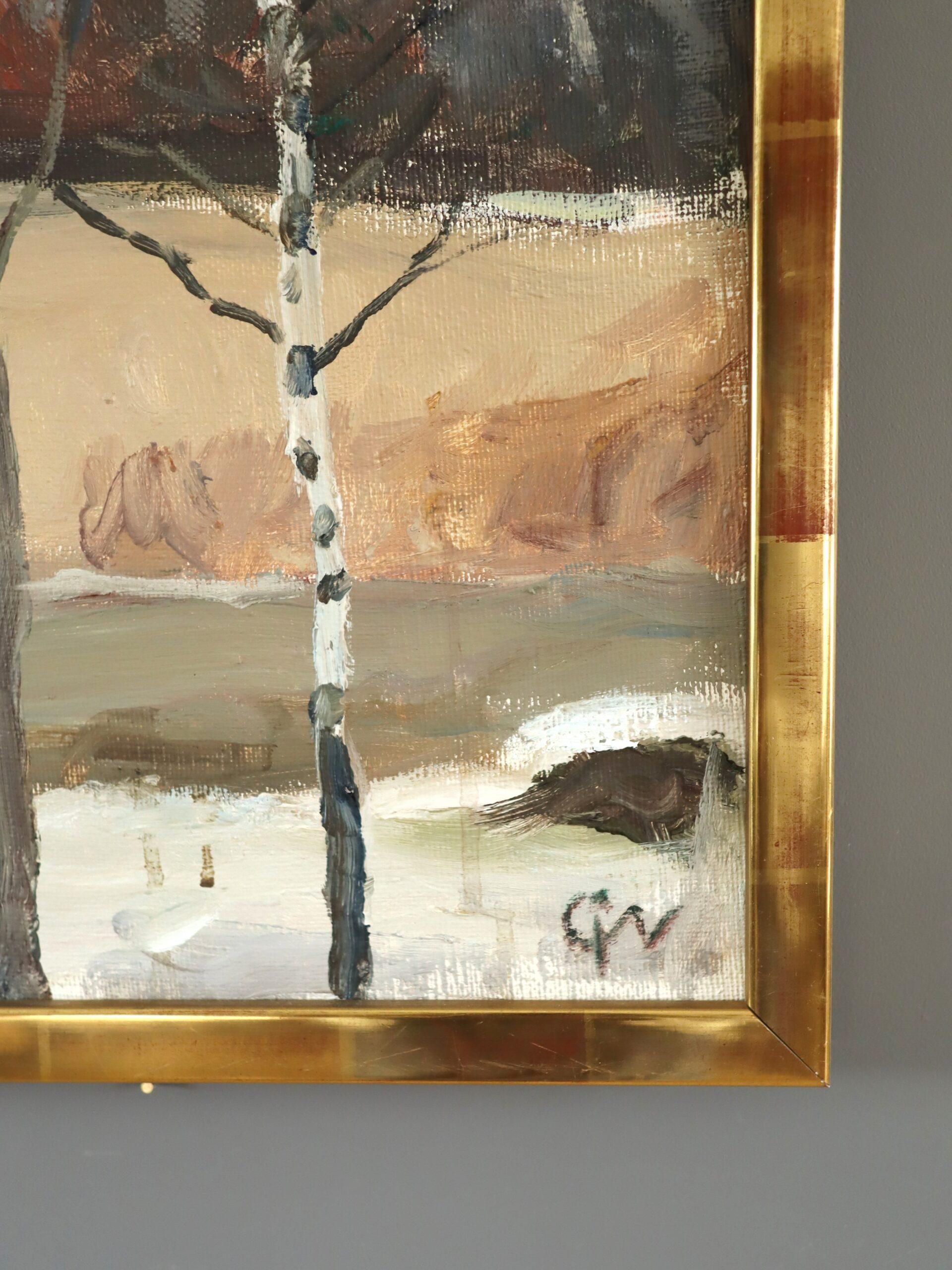 Peinture à l'huile de paysage expressionniste moderne du milieu du siècle dernier - fin d'hiver en vente 2