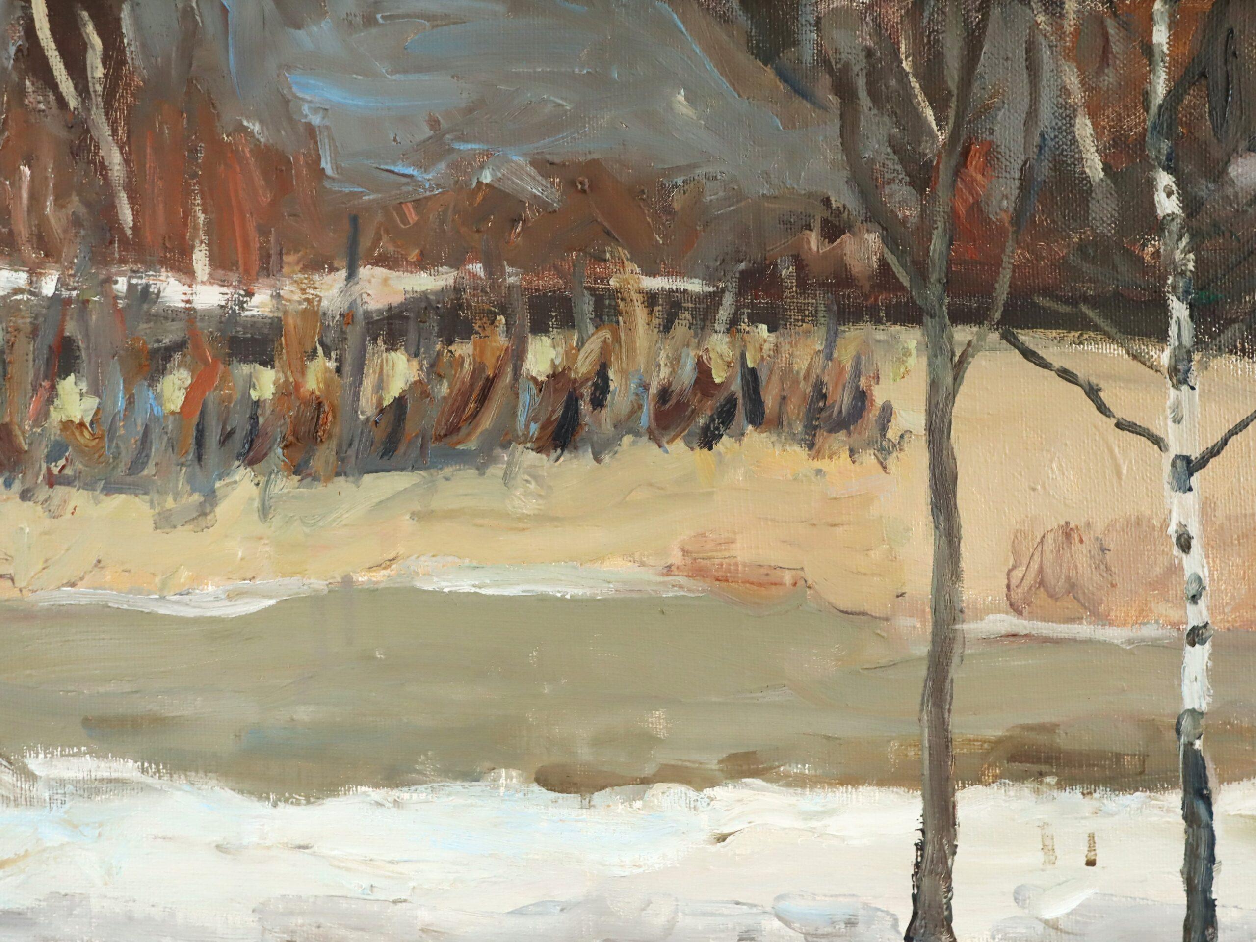 Peinture à l'huile de paysage expressionniste moderne du milieu du siècle dernier - fin d'hiver en vente 3