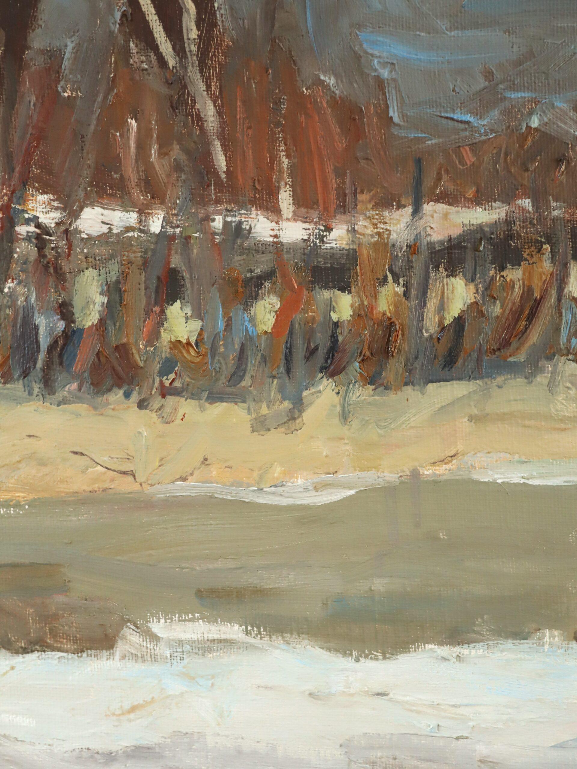 Peinture à l'huile de paysage expressionniste moderne du milieu du siècle dernier - fin d'hiver en vente 4