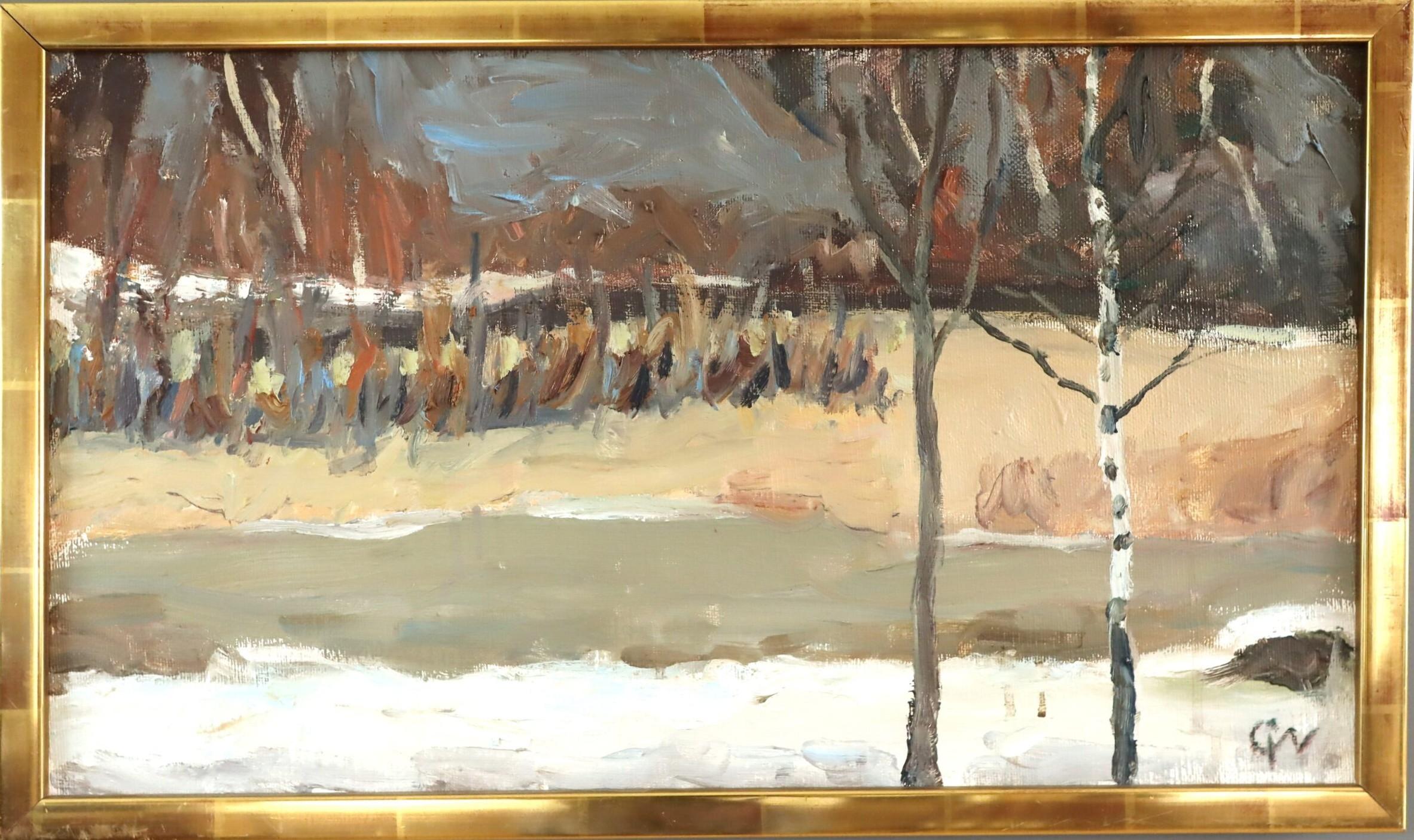 Mid Century Modern Vintage Expressive Landscape Oil Painting - Late Winter