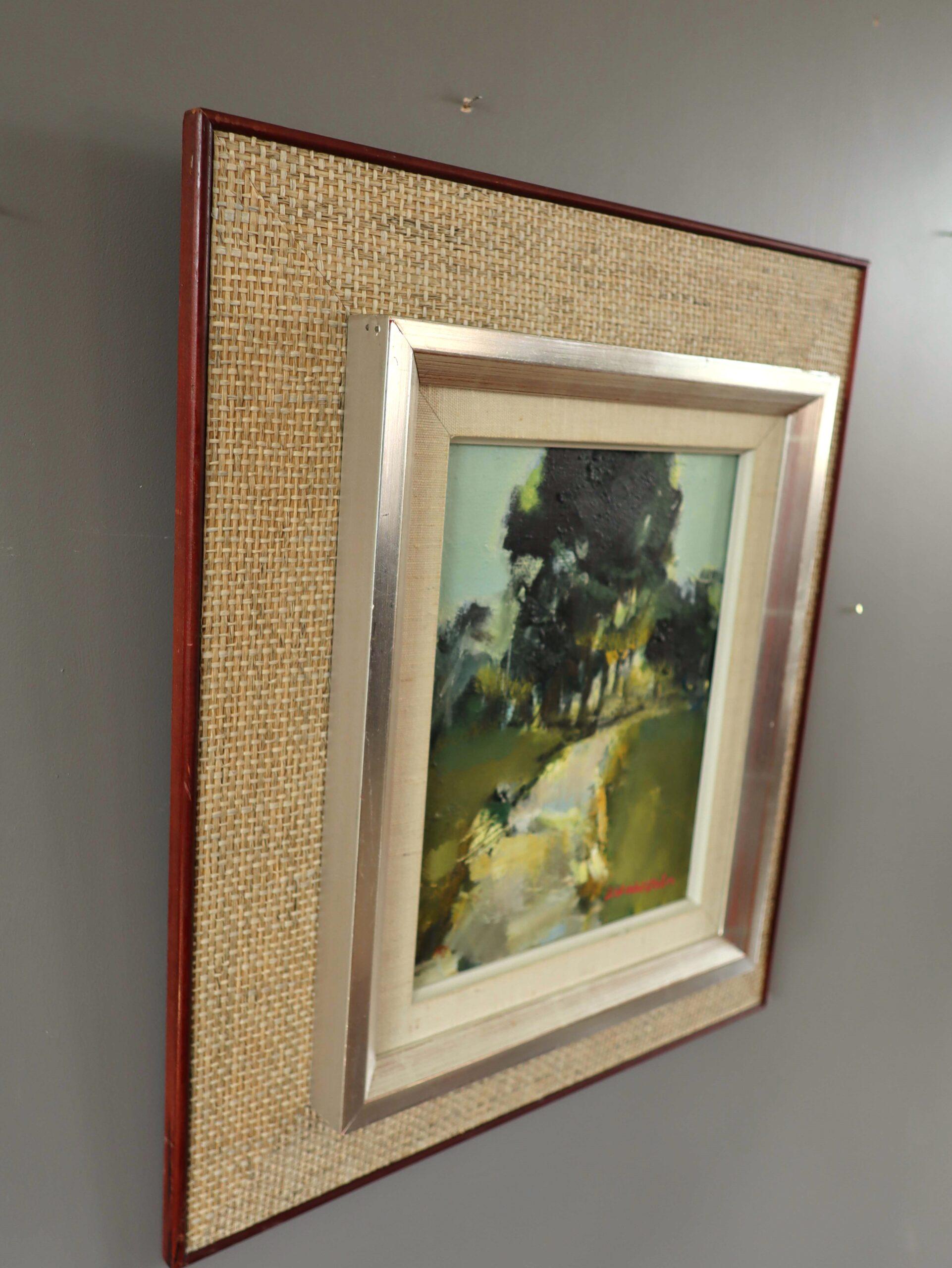 Mid Century Modern Vintage Expressive Landschaft Ölgemälde - Sunlit Trail (Beige), Landscape Painting, von Unknown