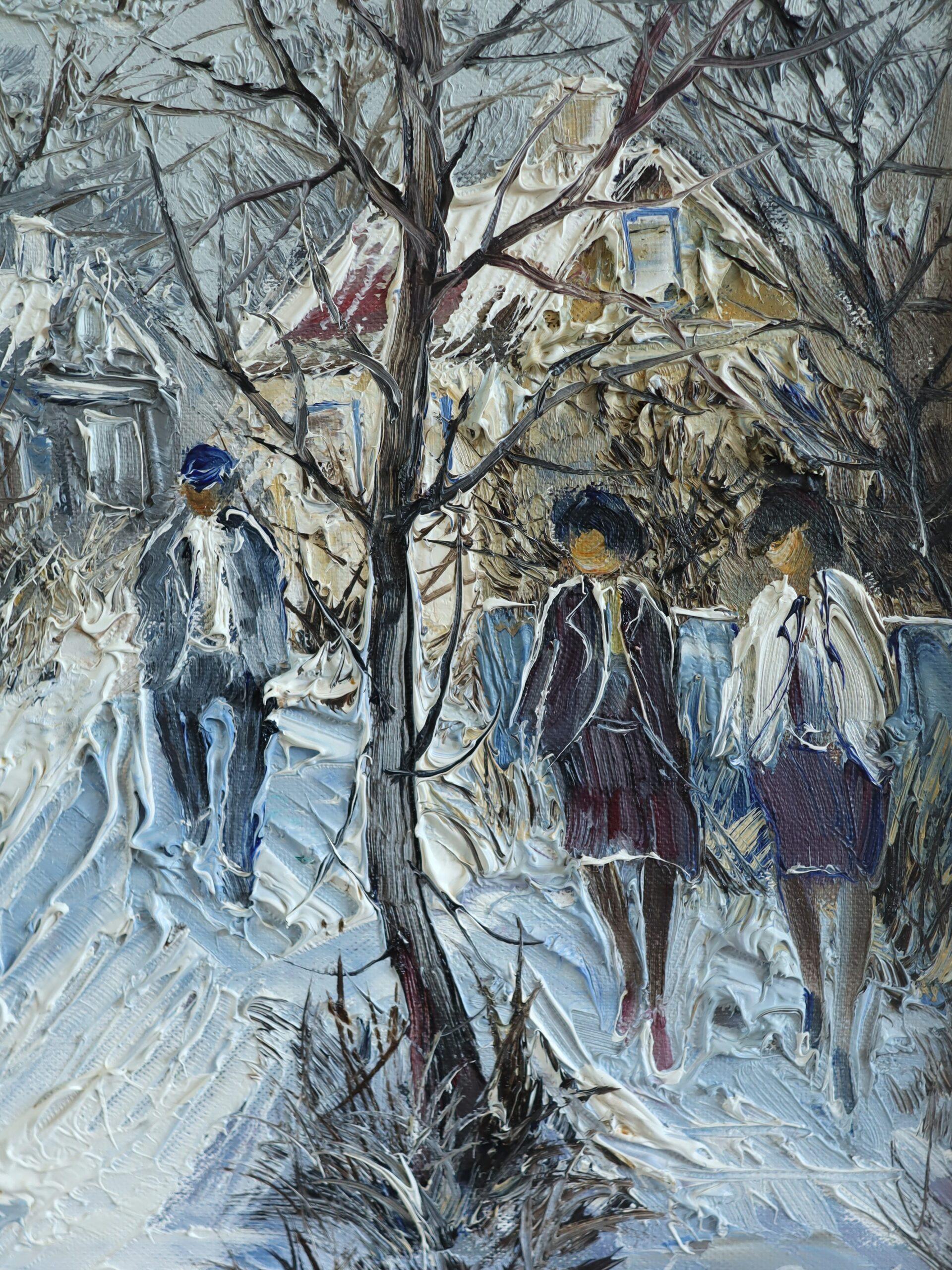 Mid Century Modern Vintage Expressive Street Scene Ölgemälde - Winter Lane's im Angebot 5
