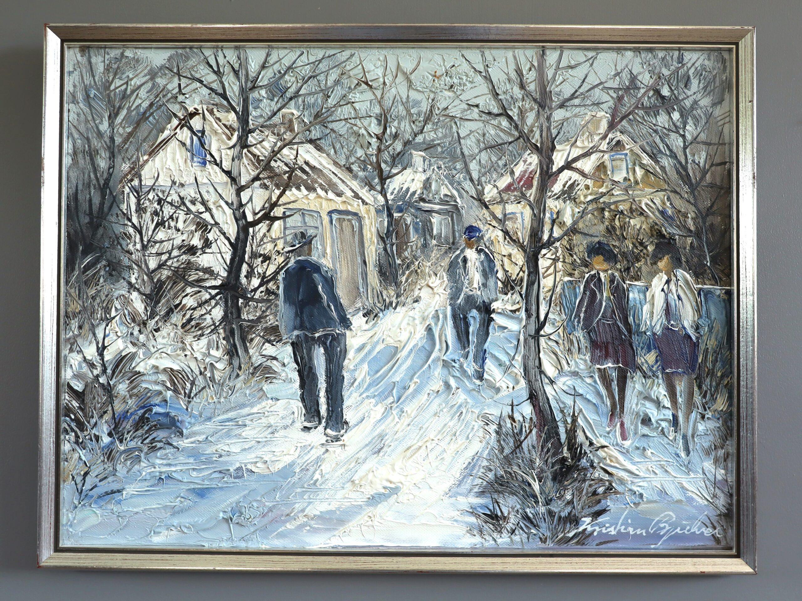 Mid Century Modern Vintage Expressive Street Scene Ölgemälde - Winter Lane's – Painting von Unknown