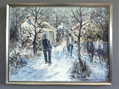 Mid Century Modern Vintage Expressive Street Scene Oil Painting - Winter Lane