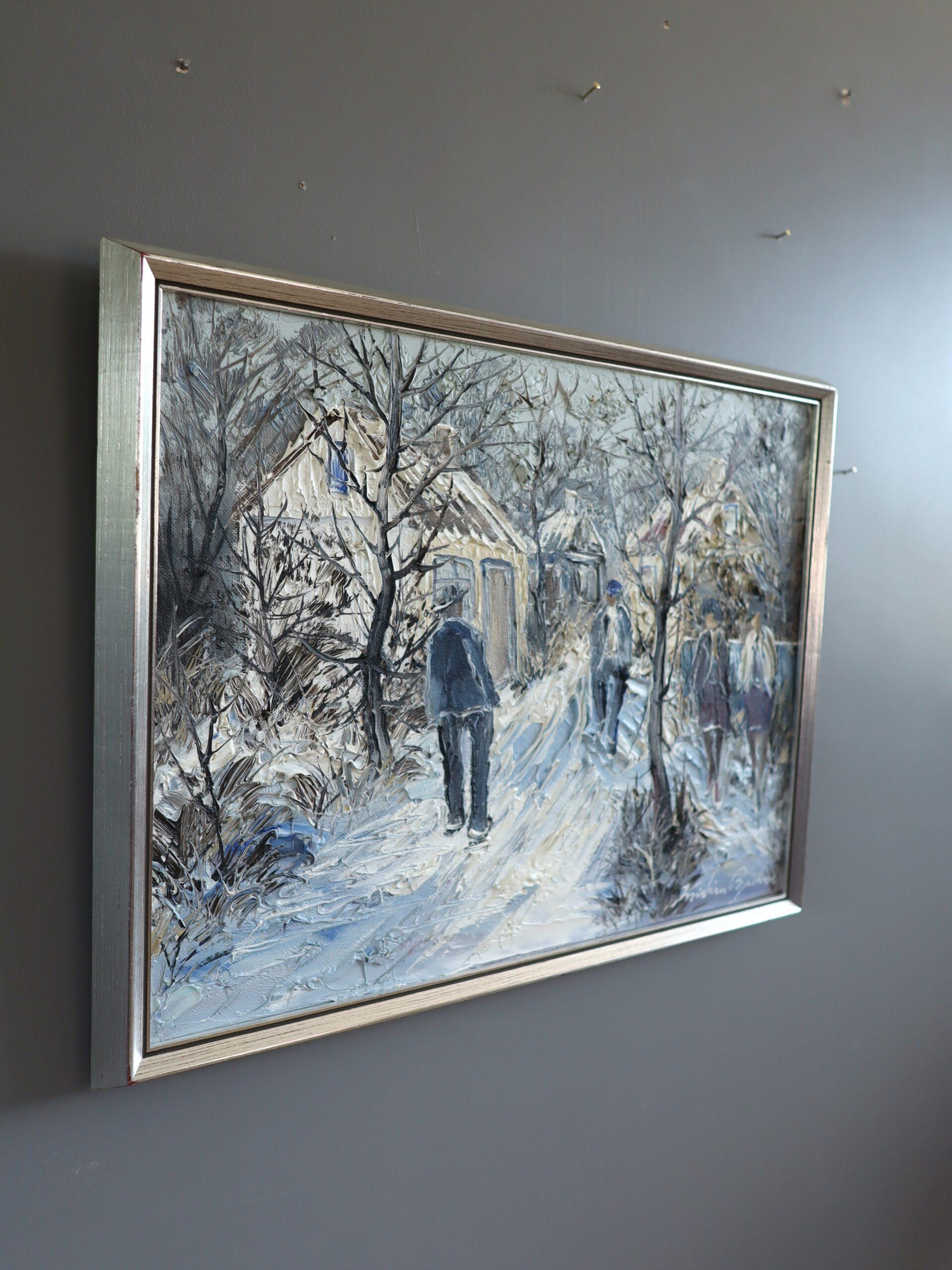 Mid Century Modern Vintage Expressive Street Scene Ölgemälde - Winter Lane's (Grau), Landscape Painting, von Unknown