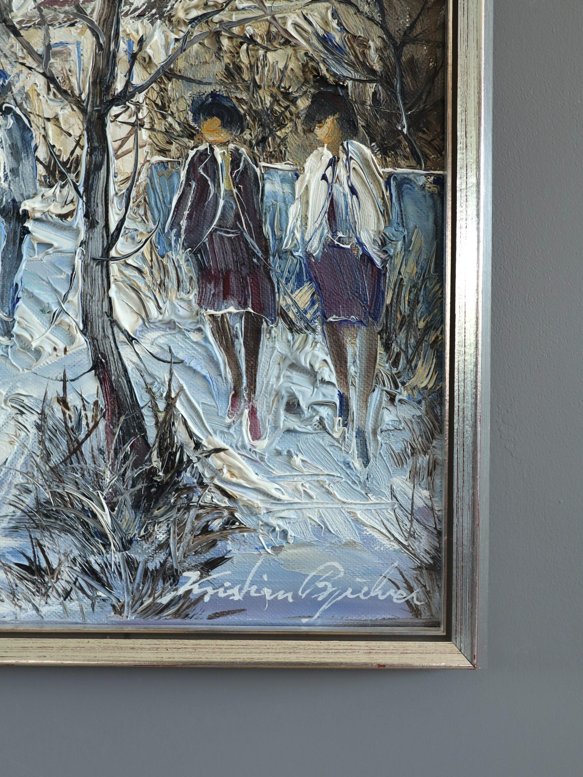Mid Century Modern Vintage Expressive Street Scene Ölgemälde - Winter Lane's im Angebot 2