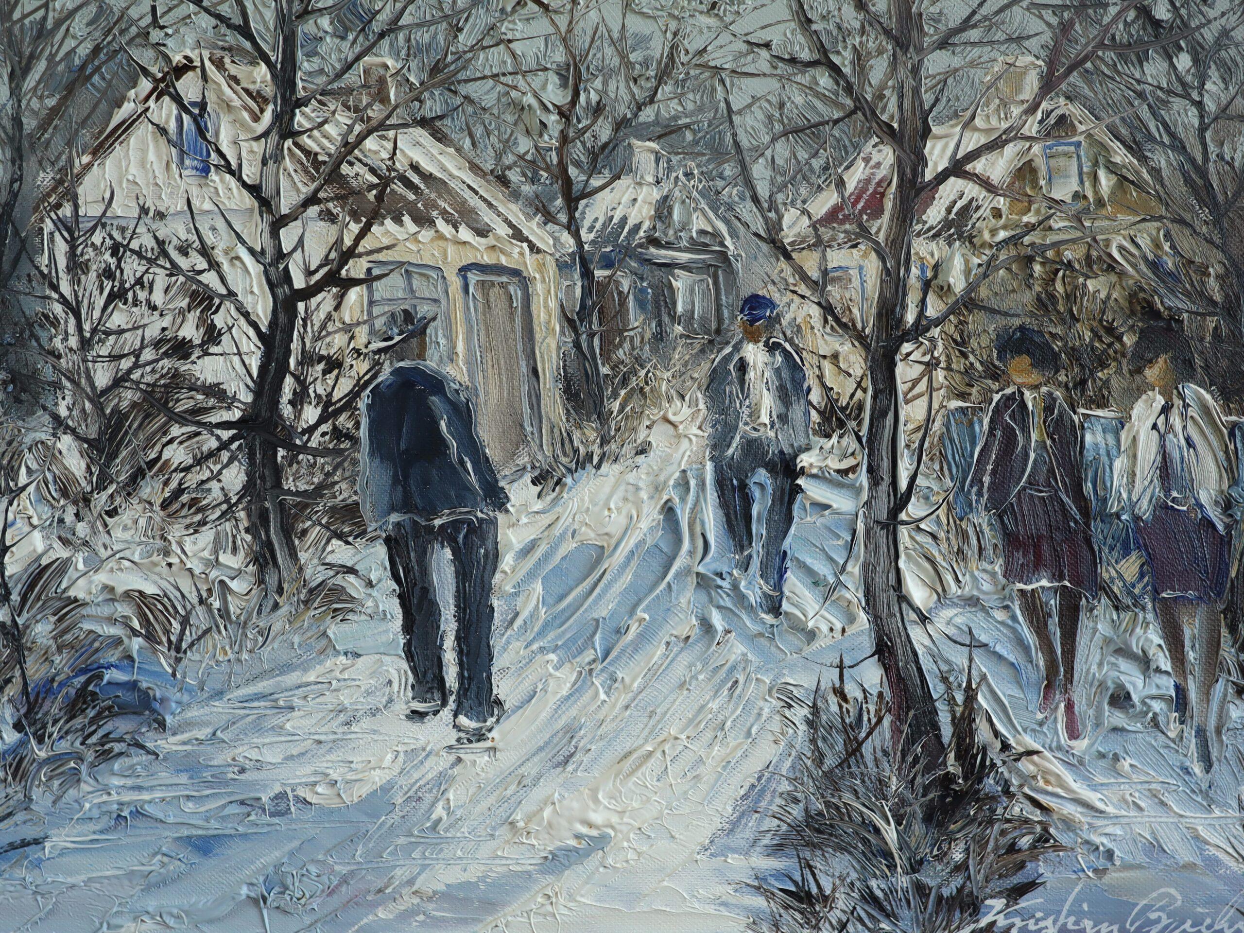 Mid Century Modern Vintage Expressive Street Scene Ölgemälde - Winter Lane's im Angebot 3