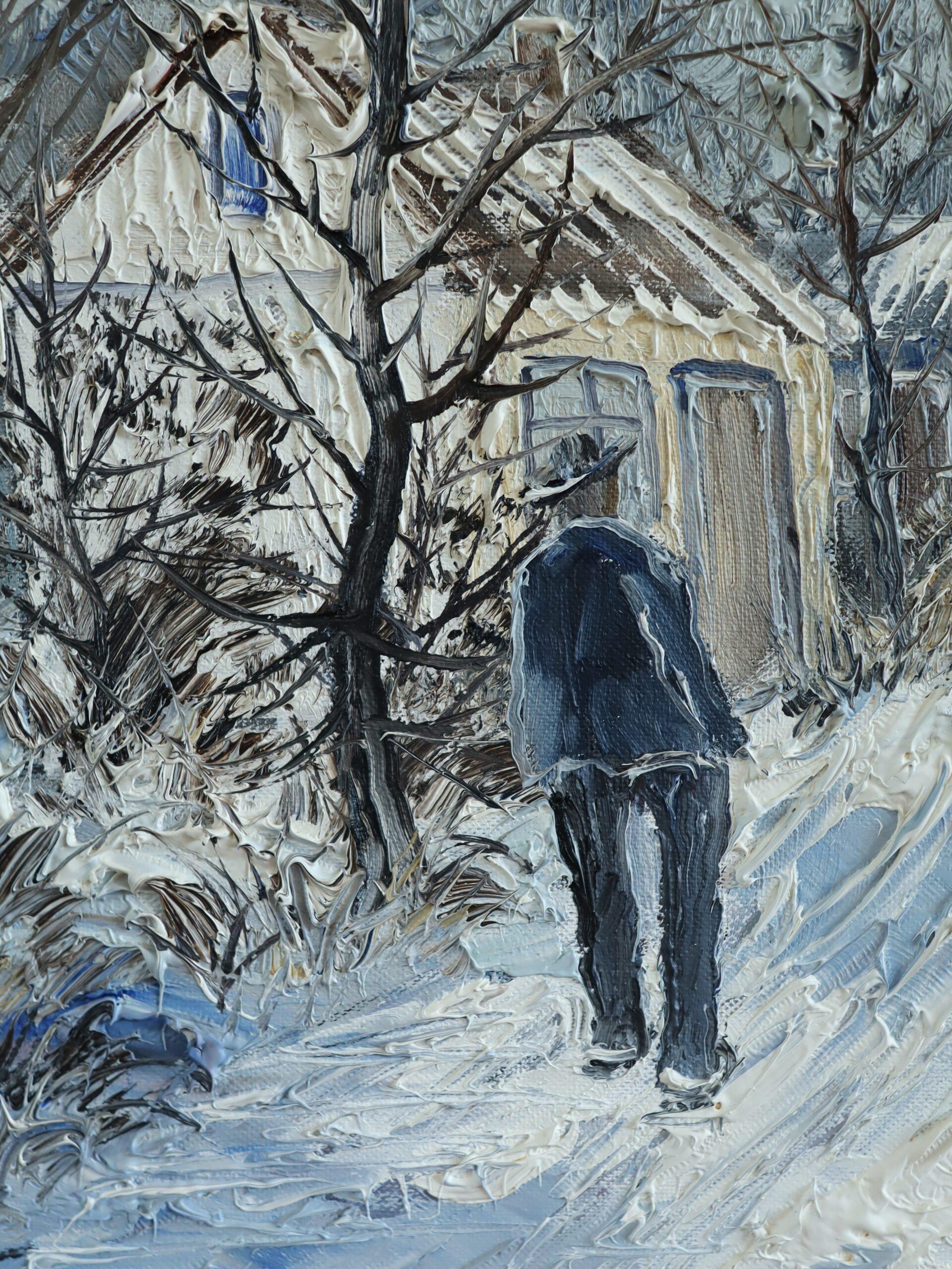 Mid Century Modern Vintage Expressive Street Scene Ölgemälde - Winter Lane's im Angebot 4