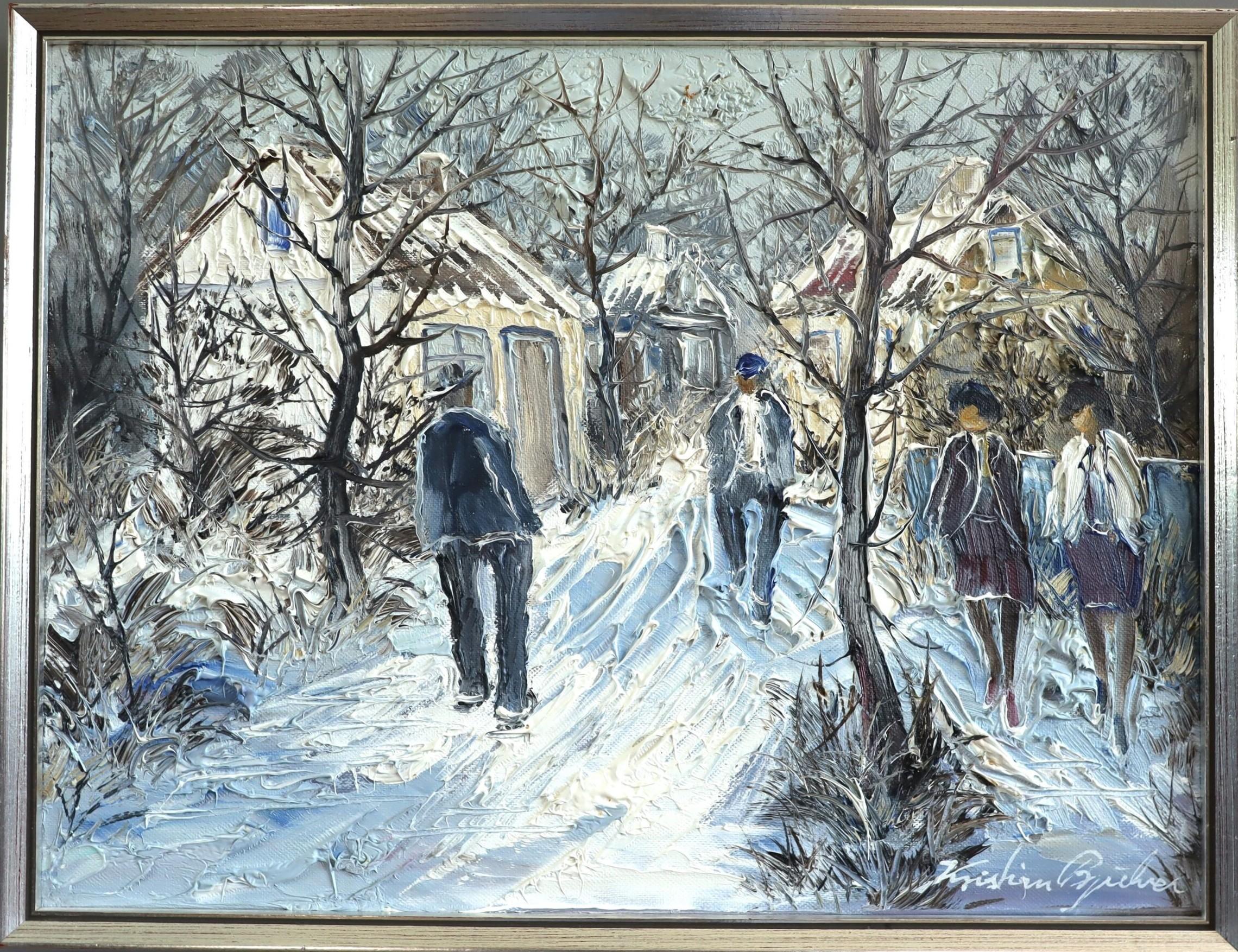 Mid Century Modern Vintage Expressive Street Scene Oil Painting - Winter Lane