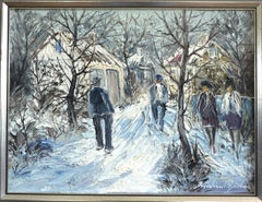 Mid Century Modern Vintage Expressive Street Scene Oil Painting - Winter Lane