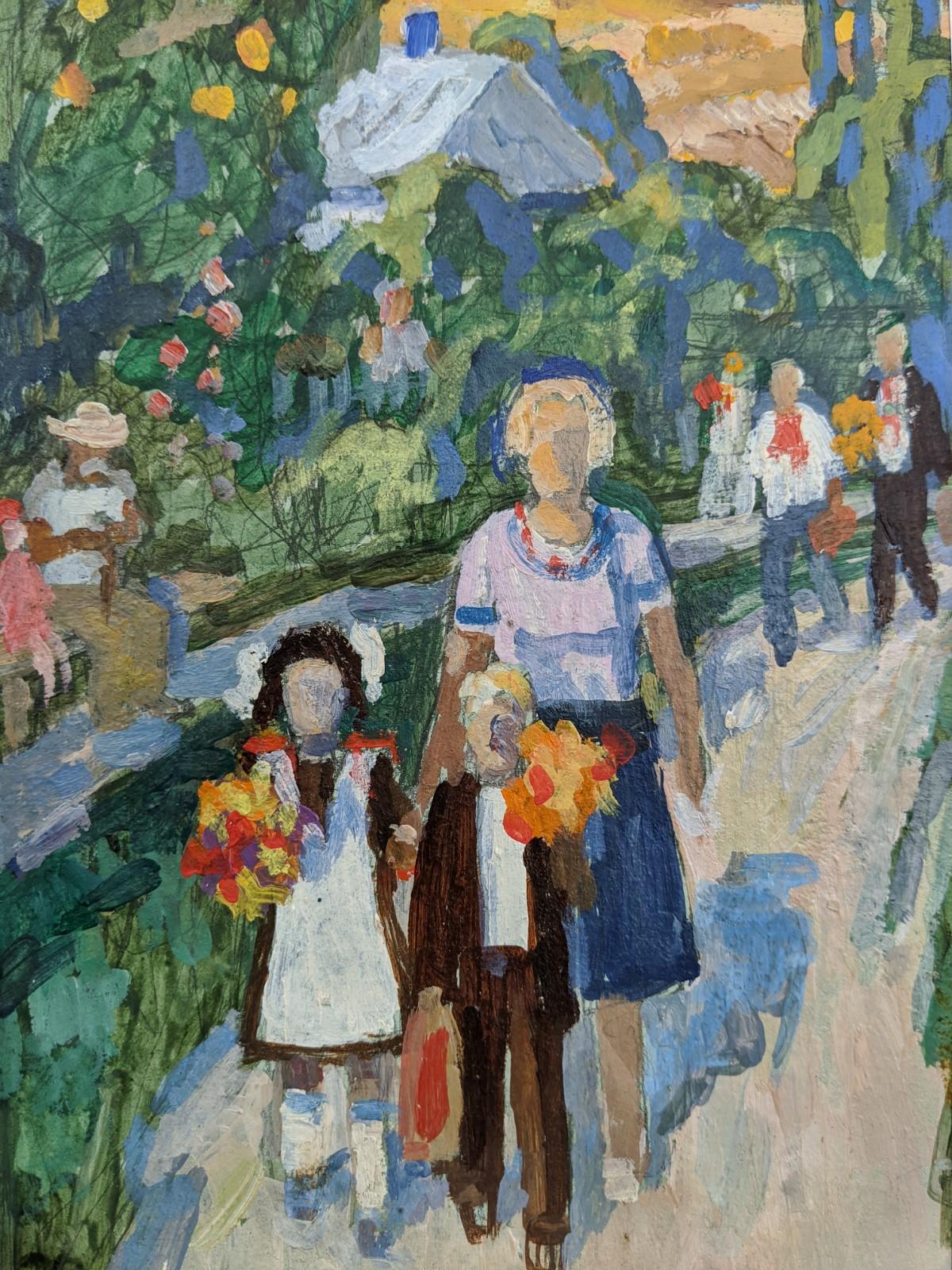 OFF TO SCHOOL
Oil on canvas
Size: 32 x 25.5 cm (including frame)

A lovely and endearing miniature oil on canvas depicting a scene of a pedestrian walkway on a fine summer’s day.

A woman in the foreground can be seen walking with her 2 children to