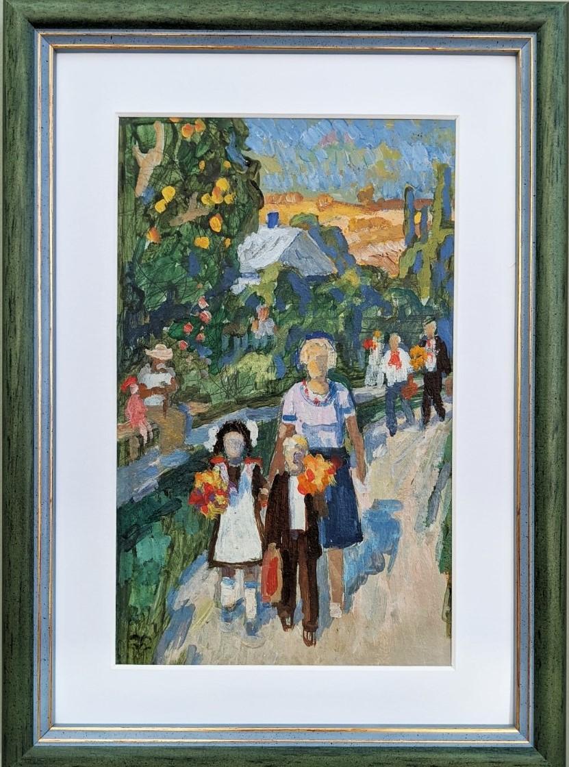 Unknown Figurative Painting - Mid-Century Modern Vintage Figurative Oil Painting - Off to School