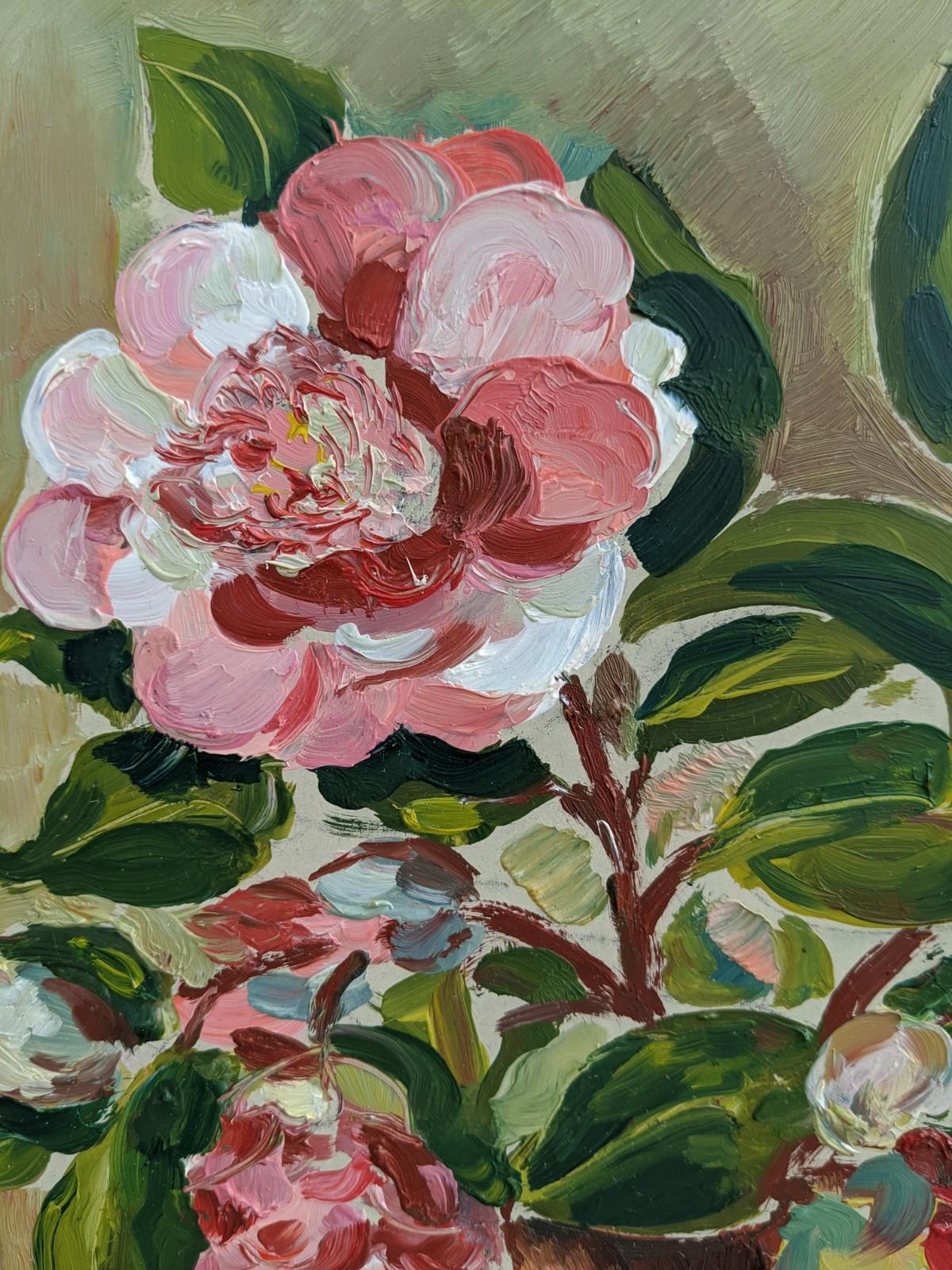 ROSA
Size: 40 x 27.5cm (including frame)
Oil on board

A fantastic rendition in oil of terracotta pot filled with roses both in bloom and bud. There is wonderful texture to this work, where creamy saturated colours have been applied to the board in