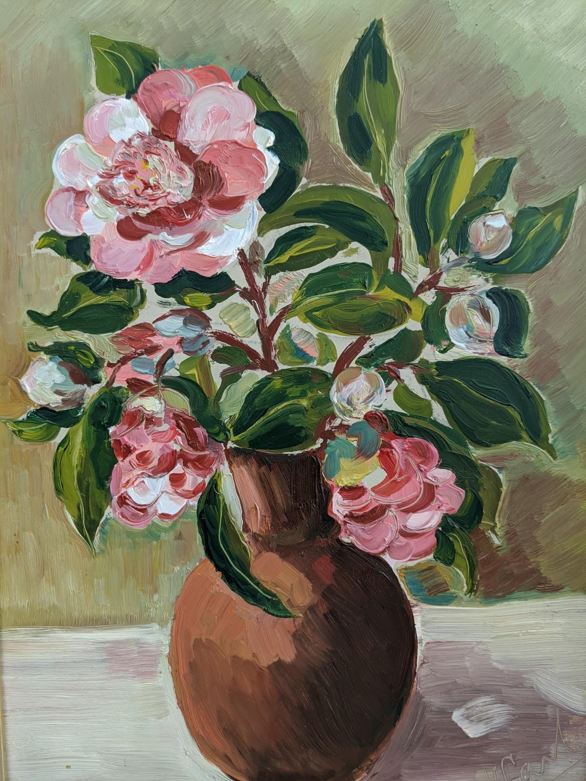 Mid-Century Modern Vintage Floral Still Life Oil Painting - Rosa 1